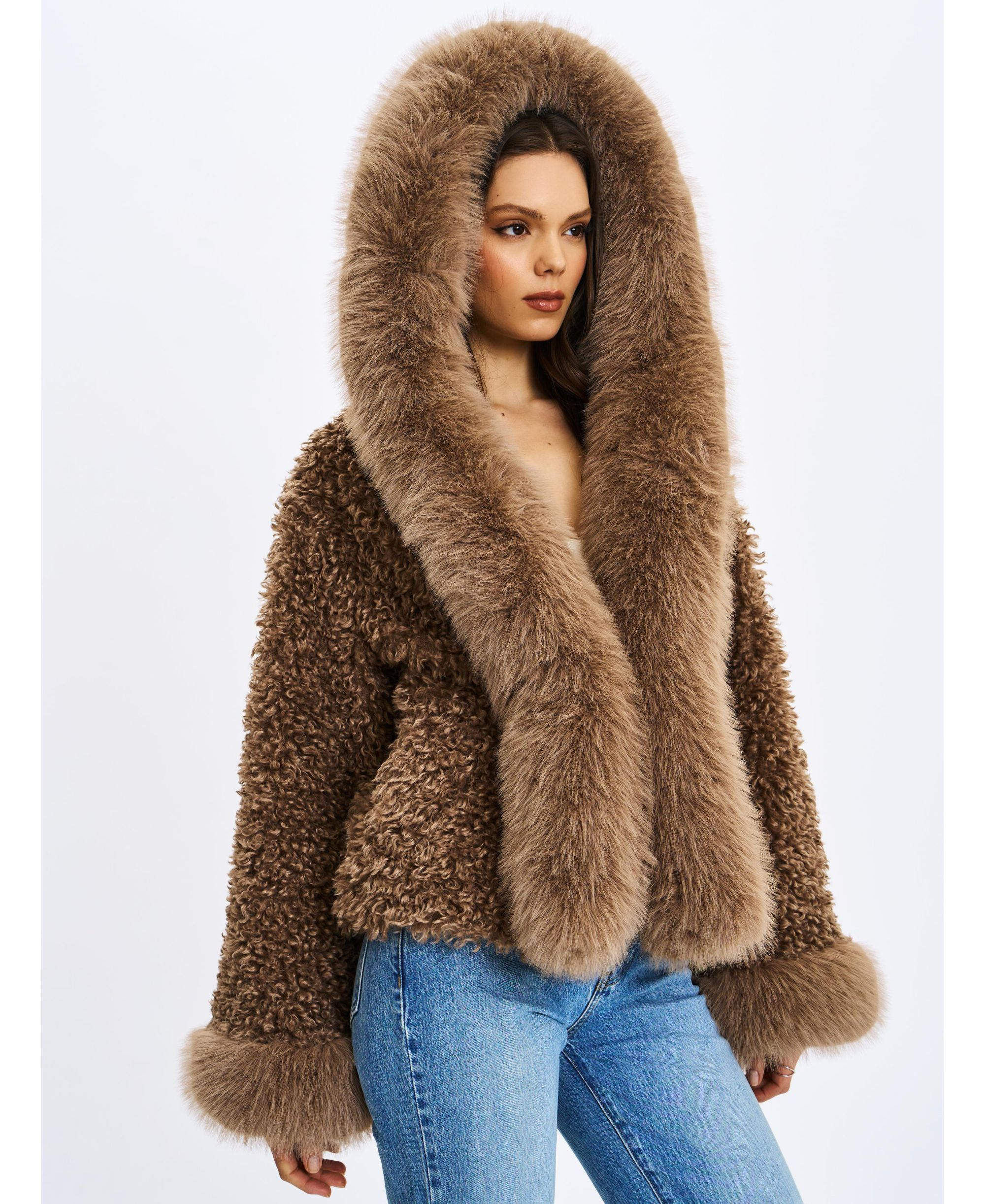 Kali Jumbo Faux Fur Trimmed Teddy Coat with Hood — Image 3