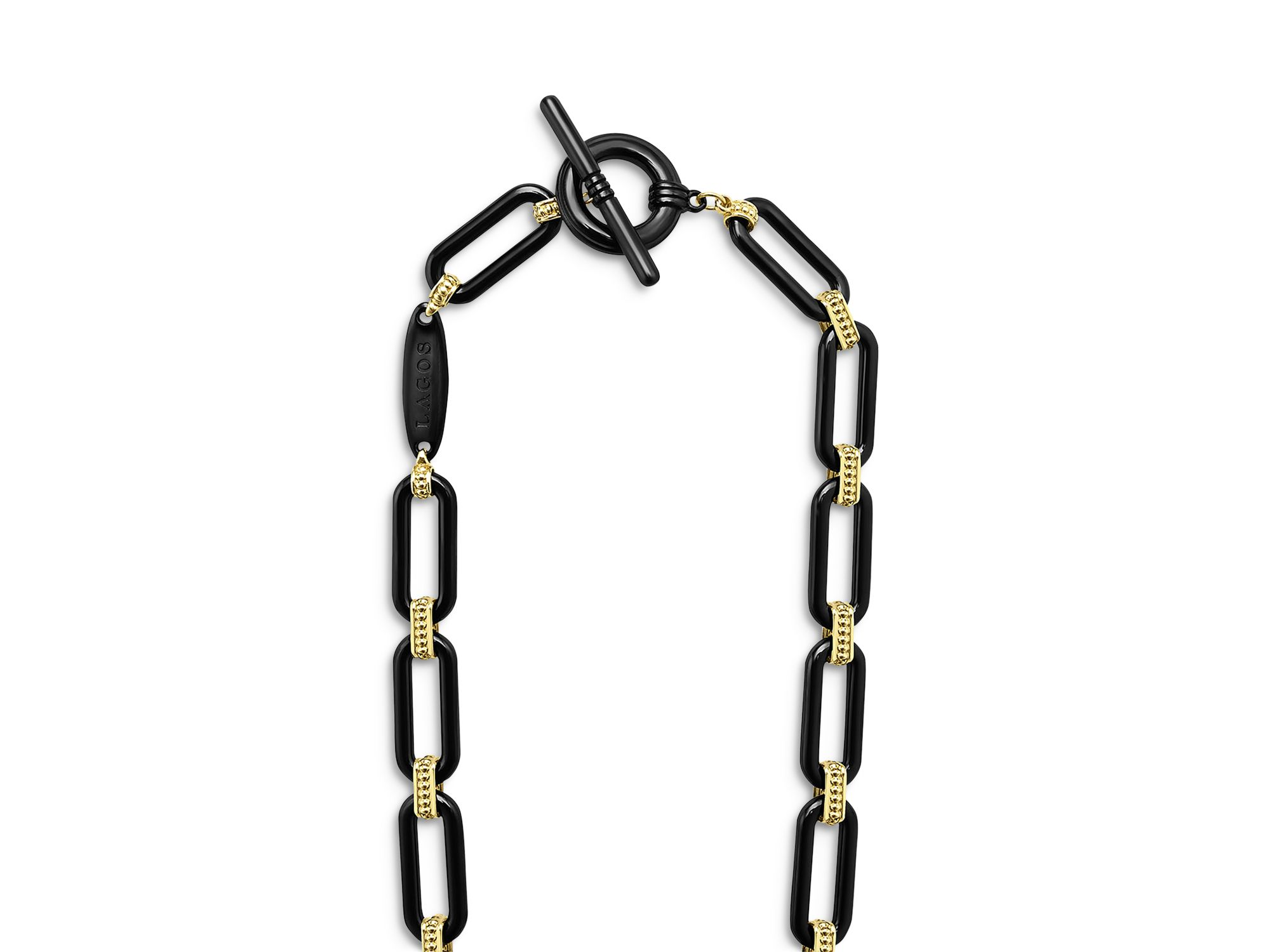 18K Yellow & White Gold Signature Caviar Diamond & Black Ceramic Station Link Necklace, 18" — Image 4