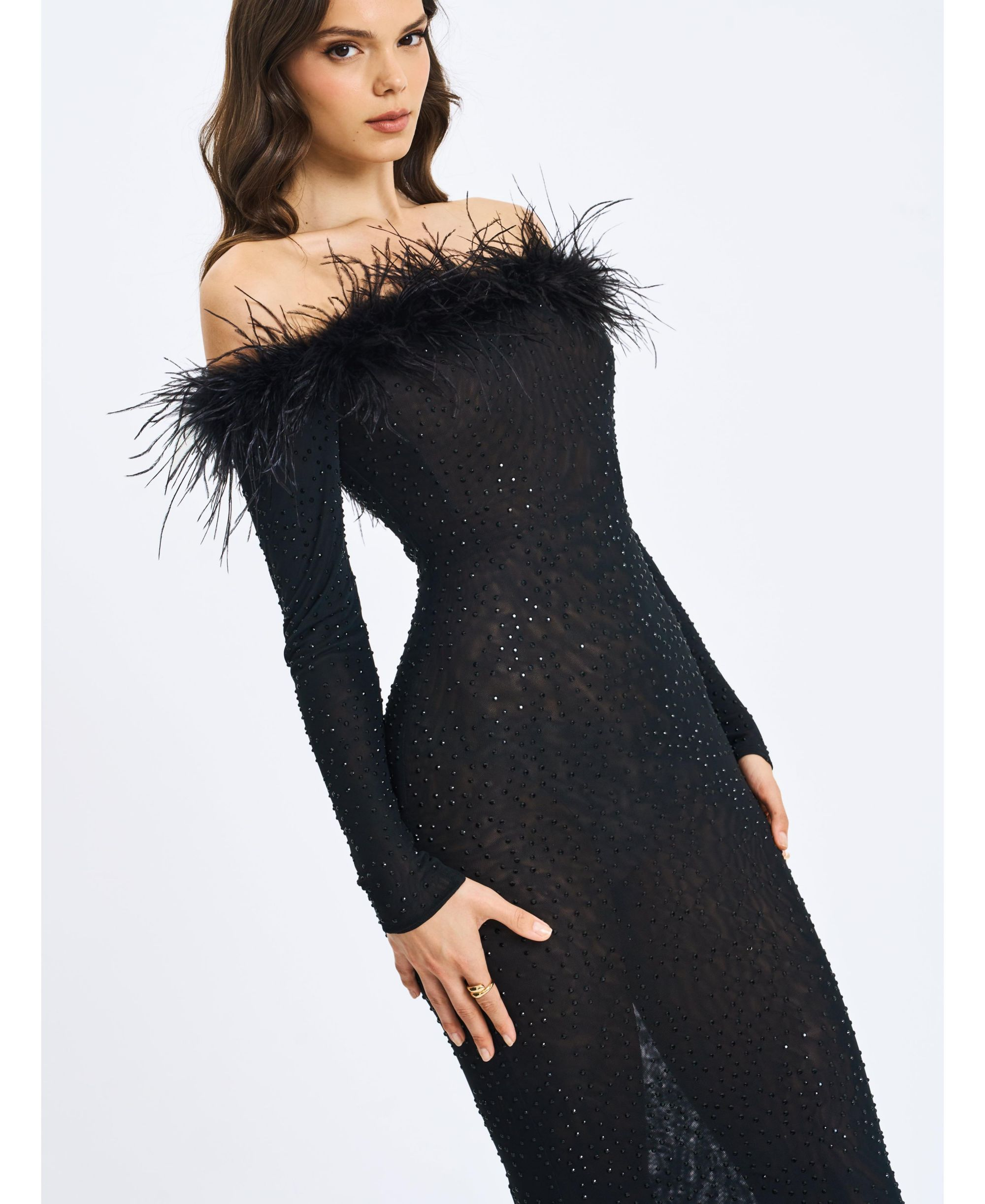 Emberly Trimmed Off-Shoulder Rhinestone Mesh Mermaid Dress — Image 3