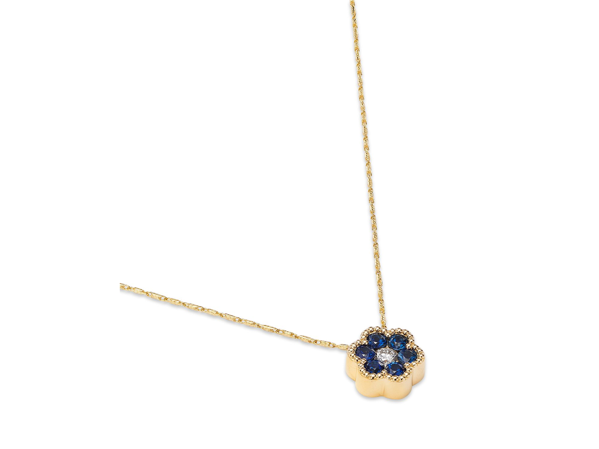 Blue Sapphire & Diamond Flower Pendant Necklace in 14K Yellow Gold, 18" — Image 3