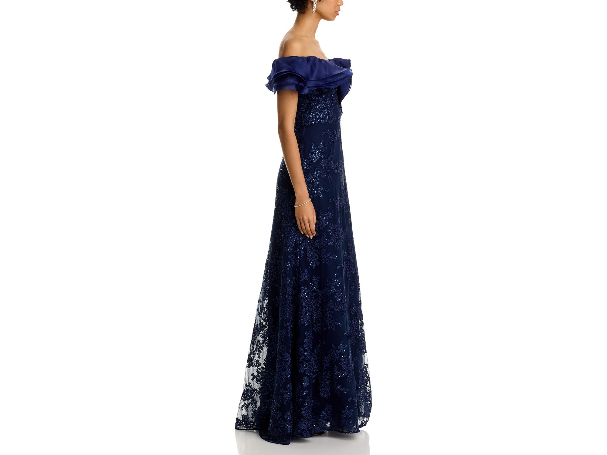 Organza Off Shoulder Sequin Embroidered Tulle Gown — Image 5
