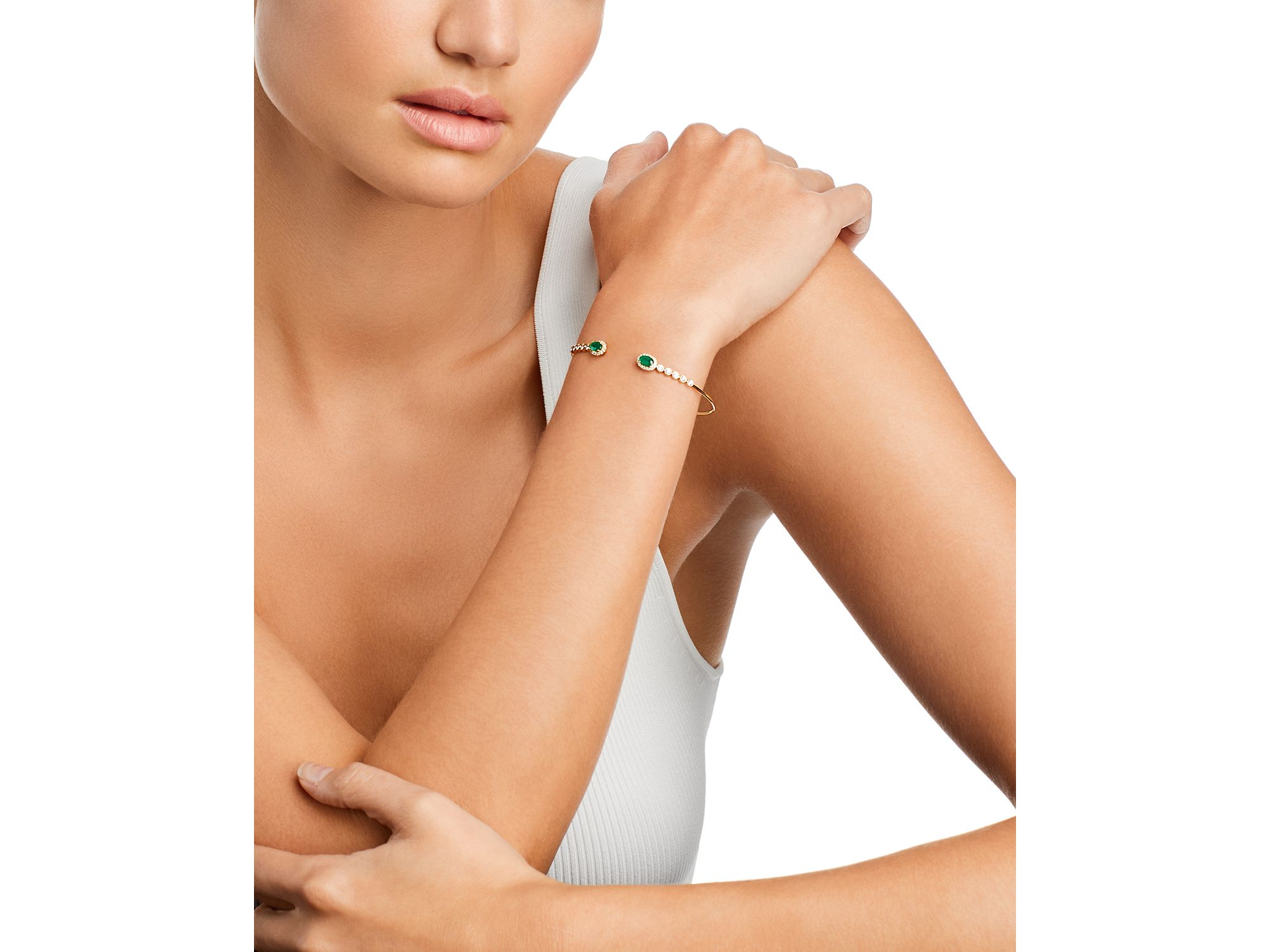 Emerald & Diamond Cuff Bangle Bracelet in 14K Yellow Gold — Image 3