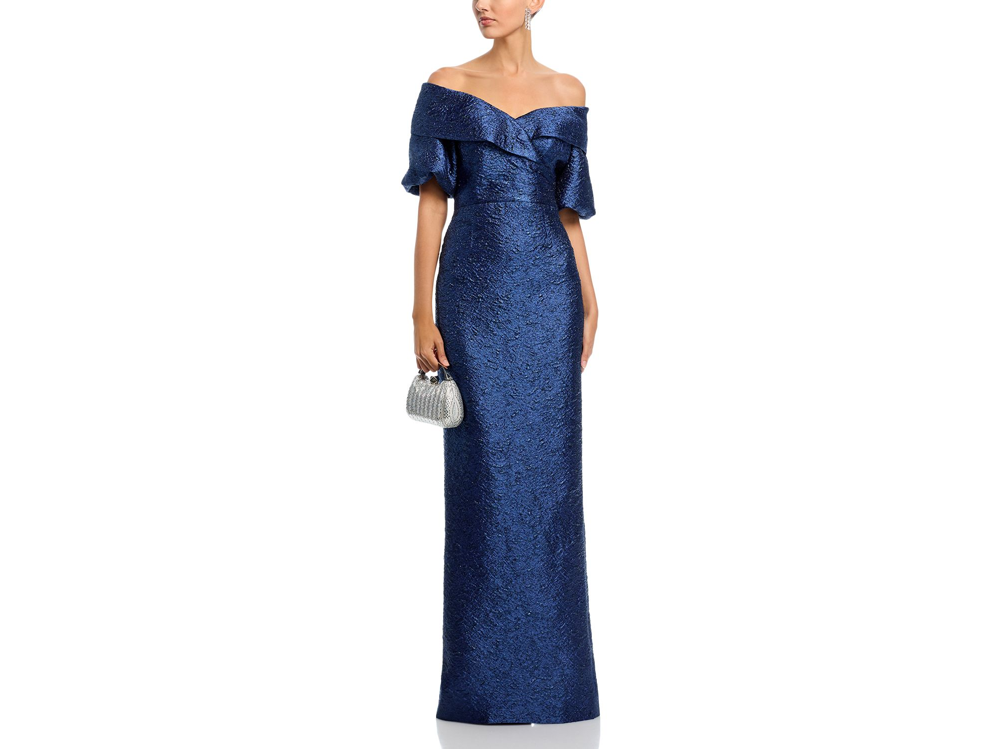 Metallic Jacquard Puff Sleeve Gown — Image 3