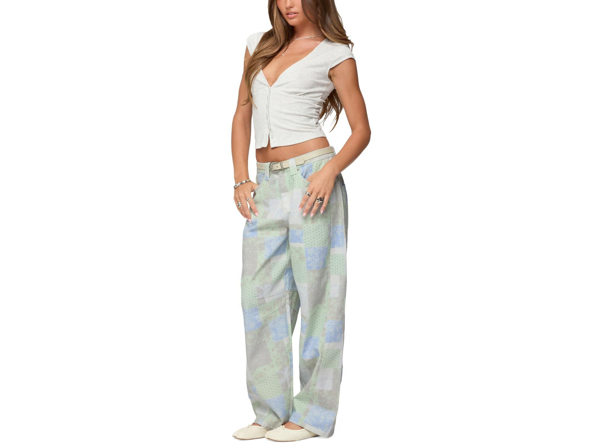 Patchwork Low Rise Baggy Light Rinse Wash Jeans — Image 5