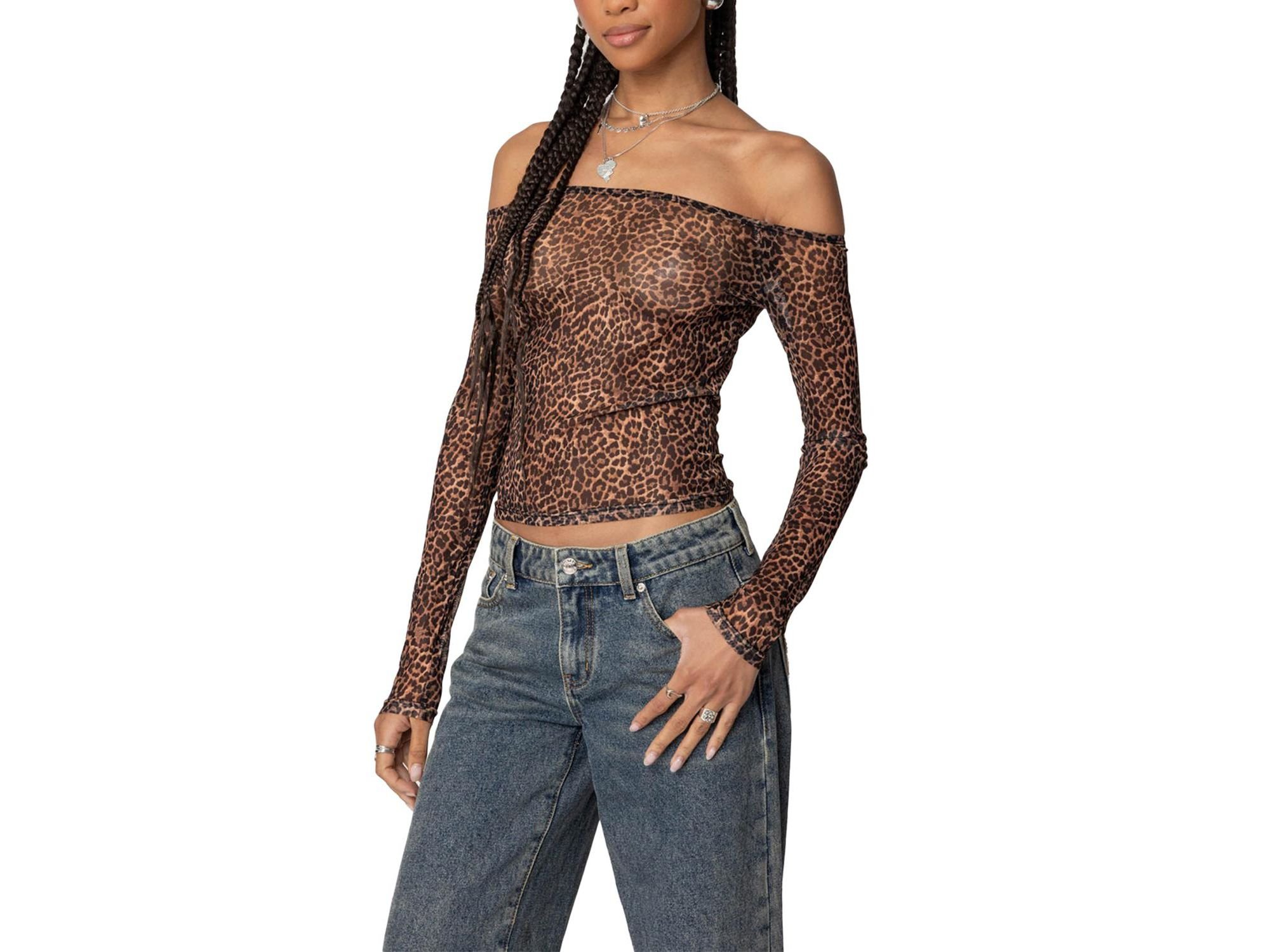Leopard Sheer Mesh Off Shoulder Top — Image 3