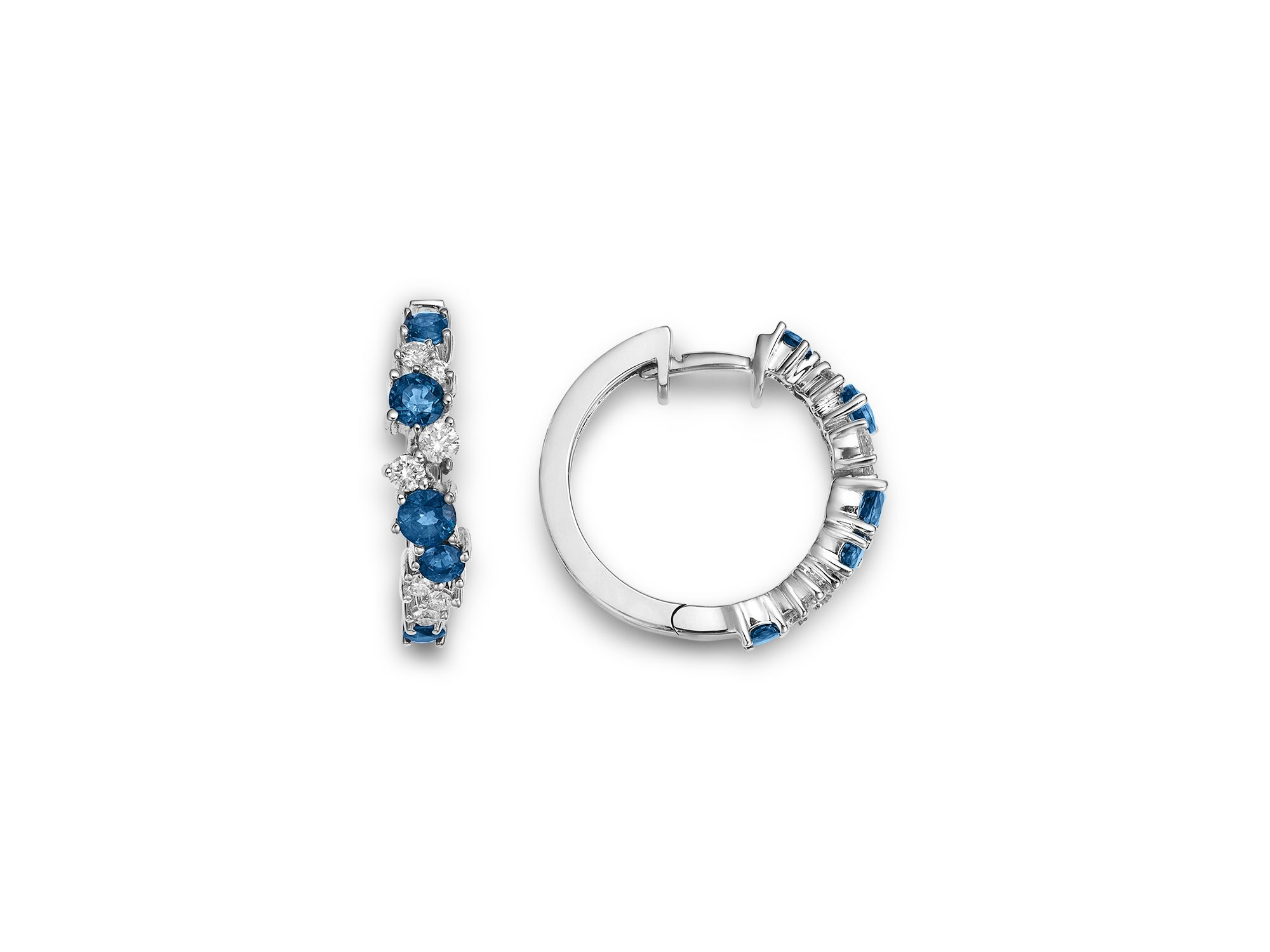 Blue Sapphire & Diamond Huggie Hoop Earrings in 14K White Gold — Image 3
