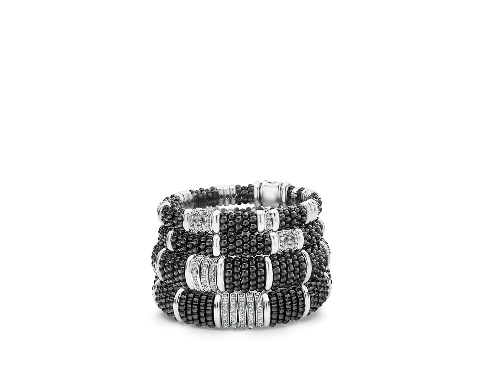 Sterling Silver Black Caviar Collection Pavé Diamond & Black Ceramic Station Bracelet — Image 4