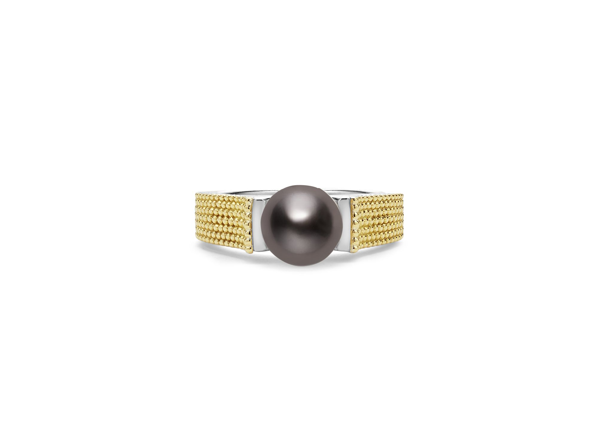 18K Yellow Gold & Sterling Silver Luna Black Tahitian Pearl Caviar Bead Ring — Image 3