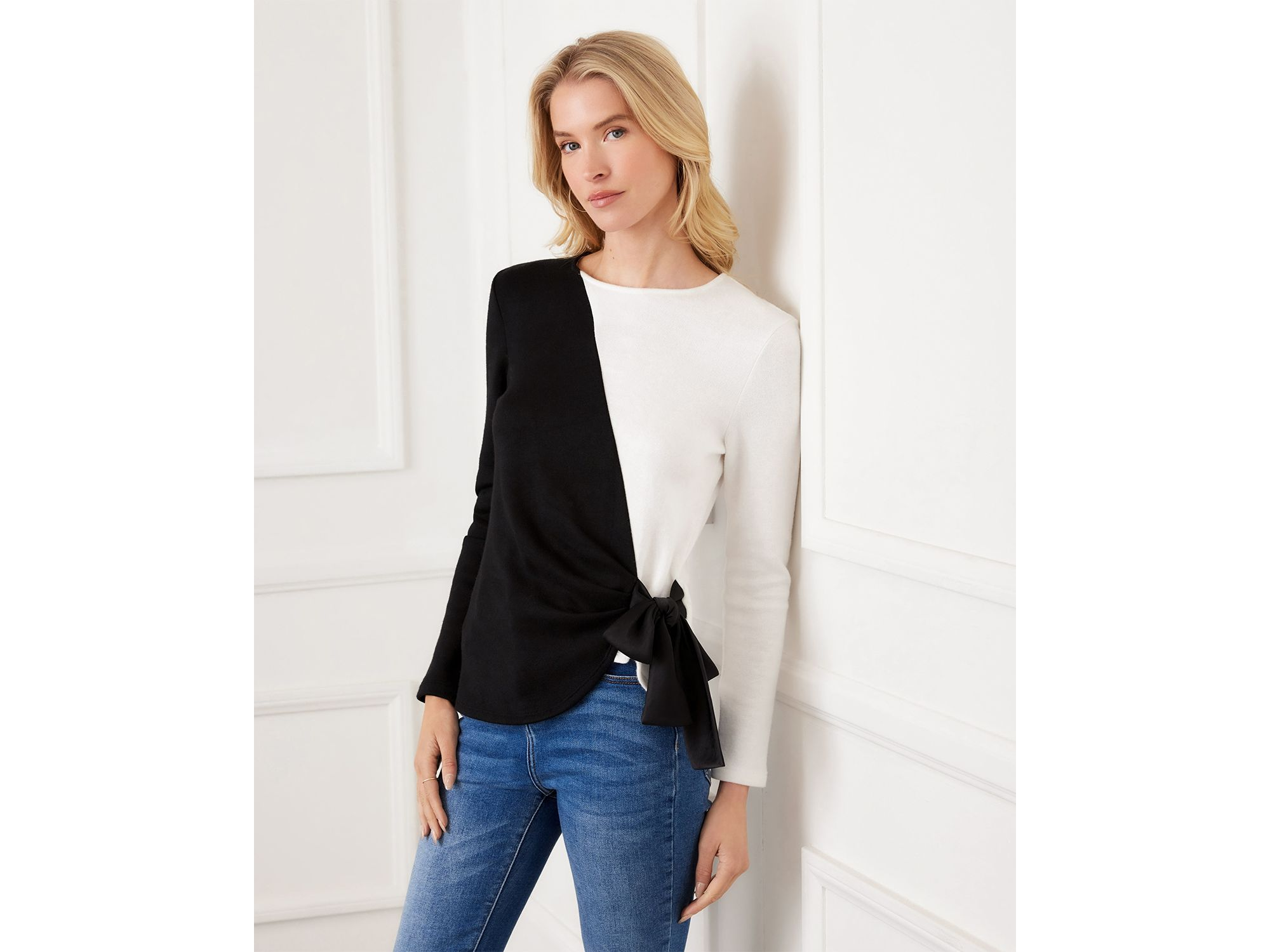 Long Sleeve Colorblock Satin Bow Top — Image 4