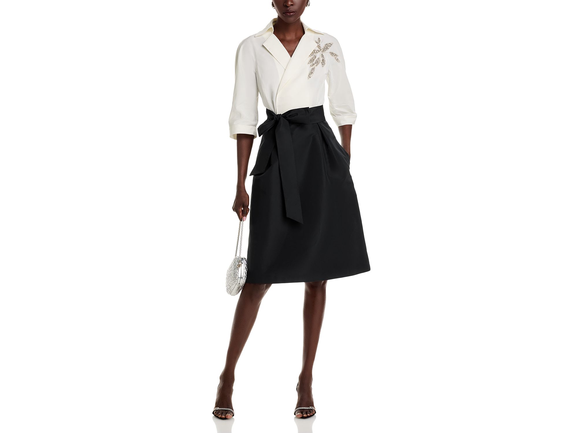 Taffeta Elbow Sleeve Belted A Line Dress — Image 3