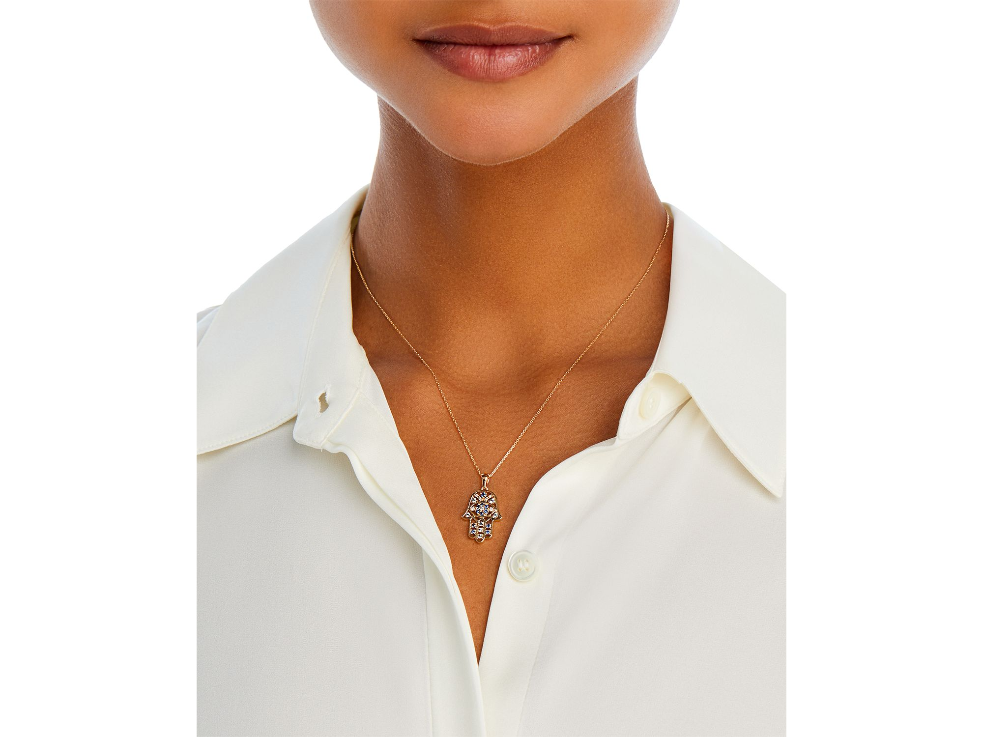 Blue Sapphire, Blue Topaz, & Diamond Accent Hamsa Hand Pendant Necklace in 14K Yellow Gold, 17" — Image 3