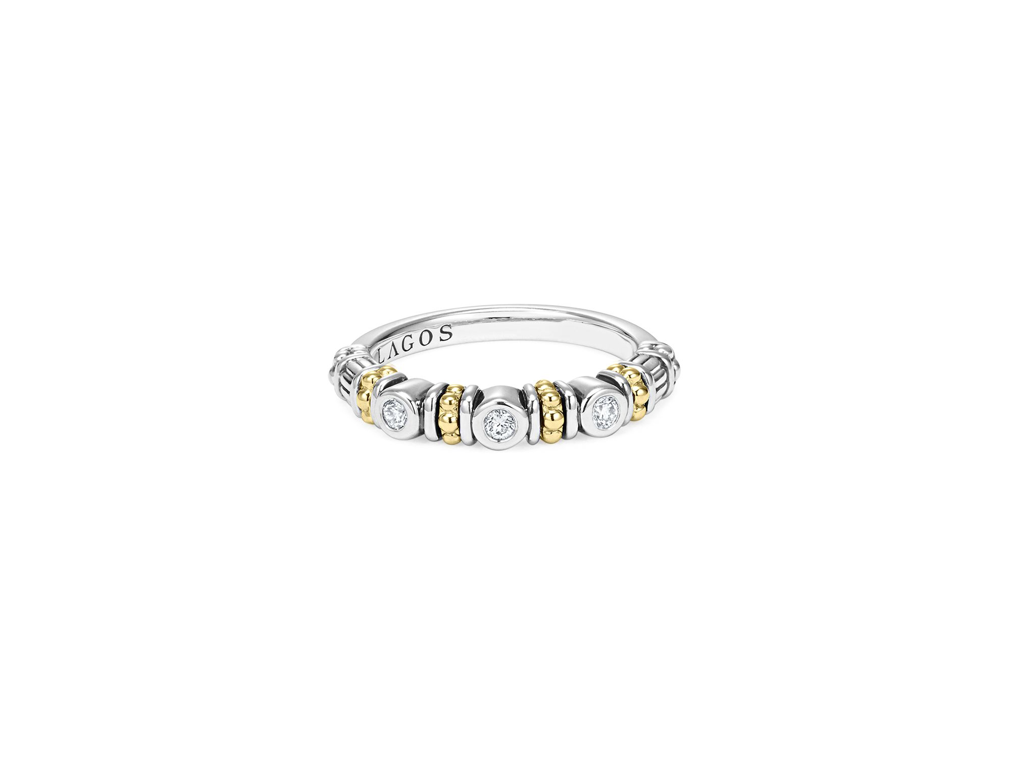 Sterling Silver Three Diamond Rittenhouse Stacking Ring with 18K Gold Stations — Image 3