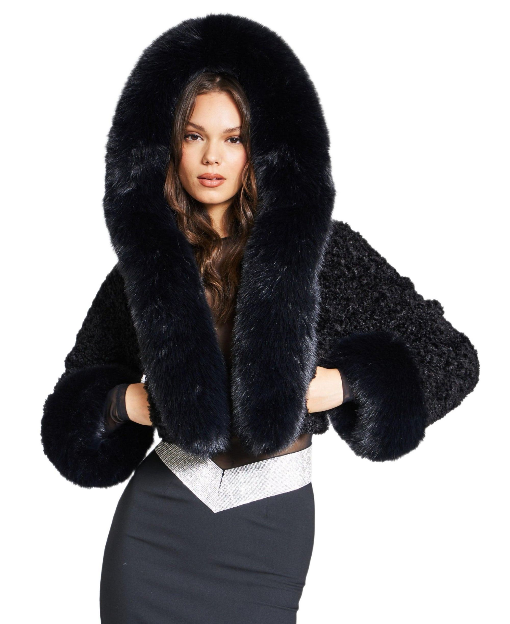 Kali Faux Fur Cropped Jacket with Hood — Image 3