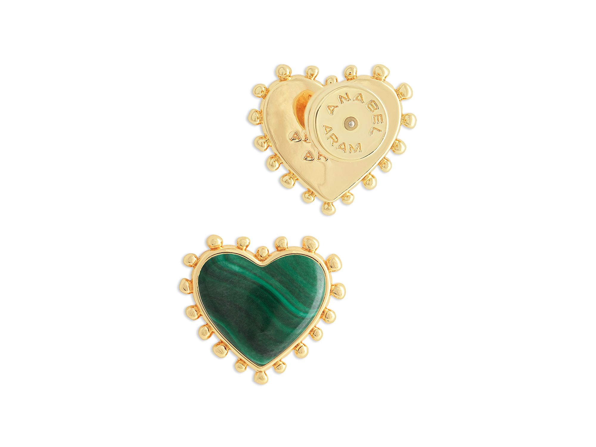 Heart Malachite & 18K Yellow Gold Plated Stud Earrings, 0.5"L — Image 3