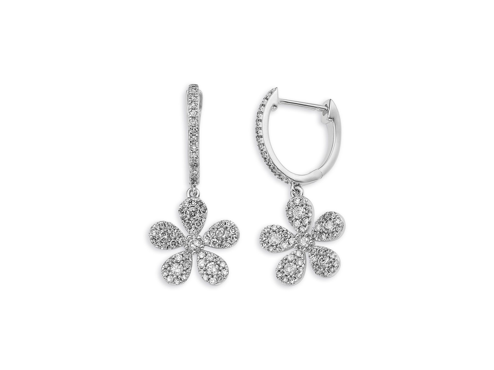 Diamond Flower Charm Dangle Hoop Earrings in 14K White Gold, 0.75 tcw — Image 3