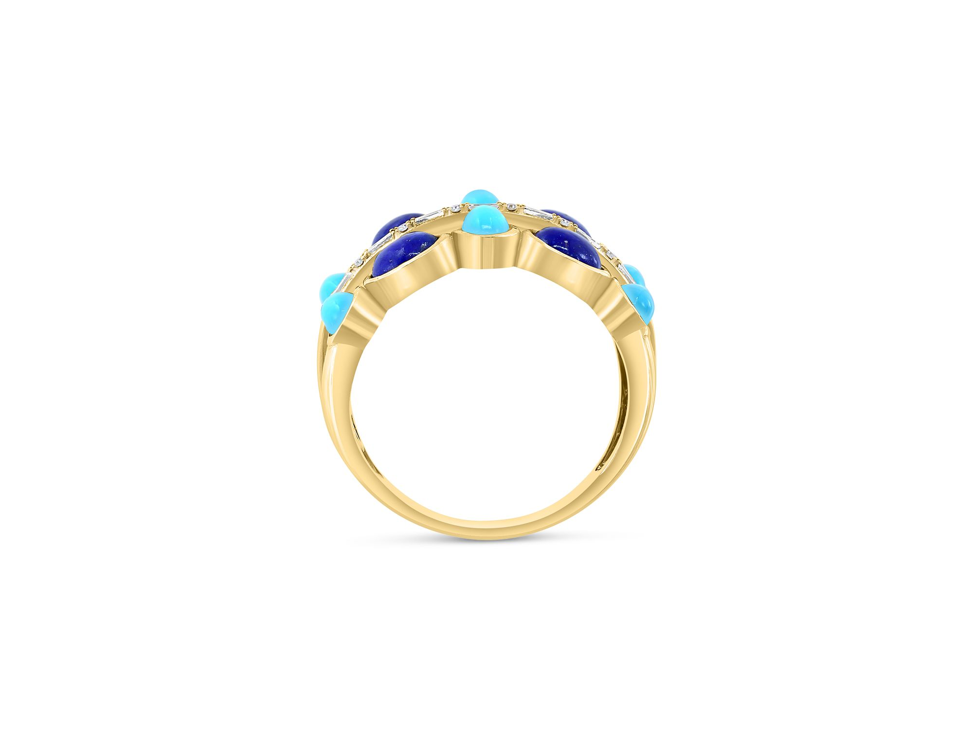 Lapis, Turquoise & Diamond Double Row Ring in 14K Yellow Gold — Image 3