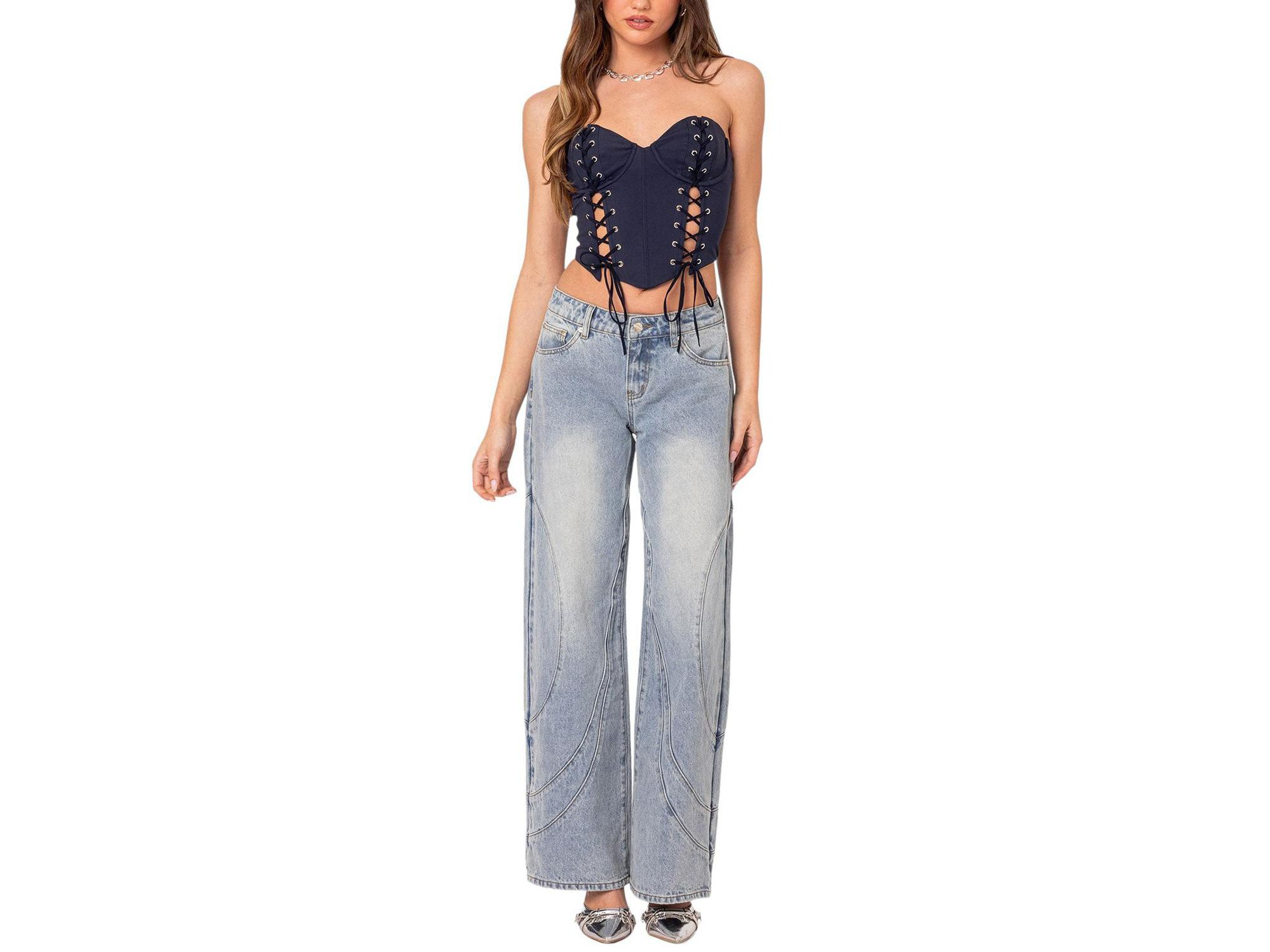Oaklynn Stitch Detail Low Rise Jeans in Light Blue — Image 3