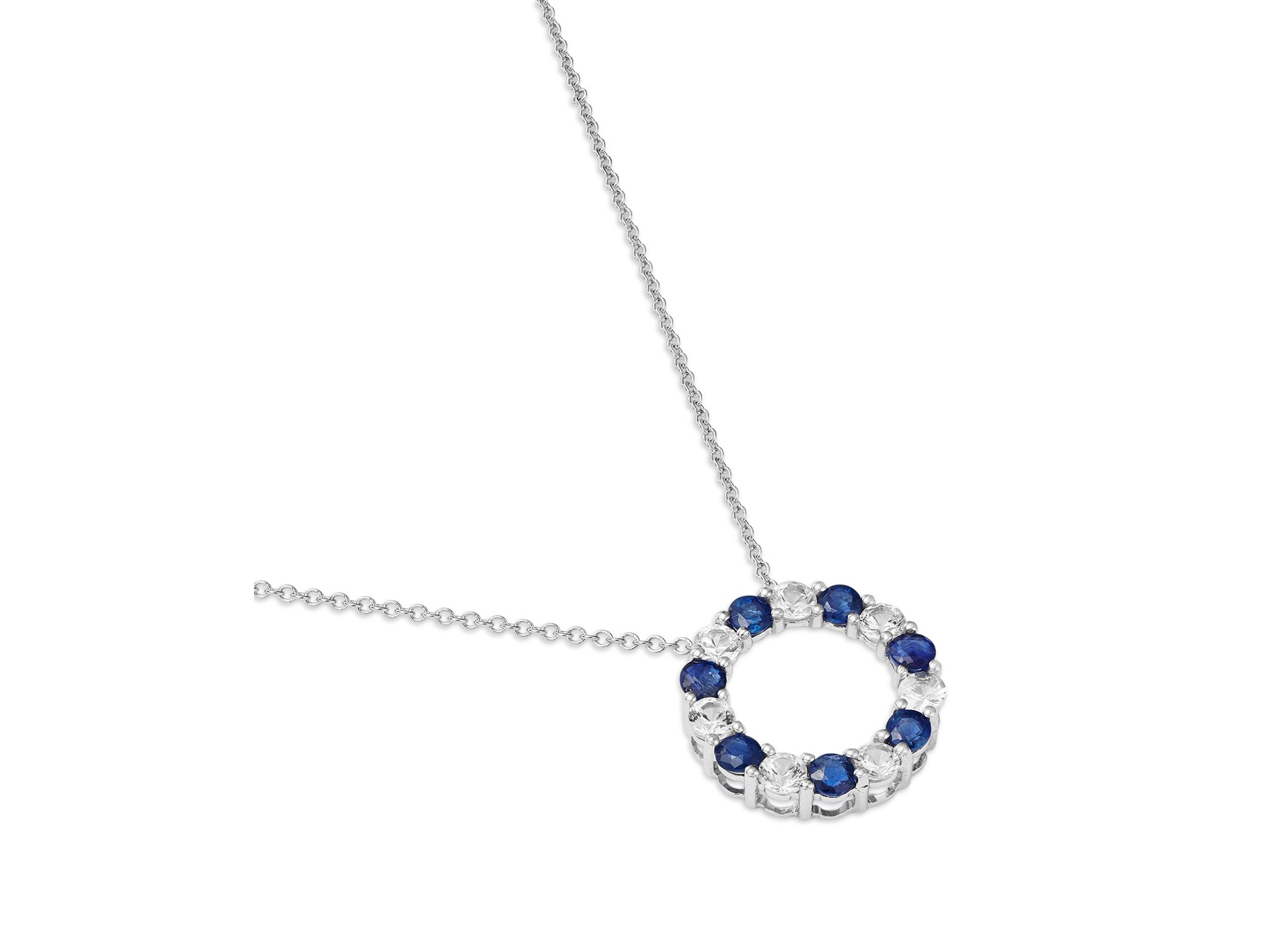 Blue Sapphire & White Sapphire Circle Pendant Necklace in 14K White Gold, 18" — Image 3