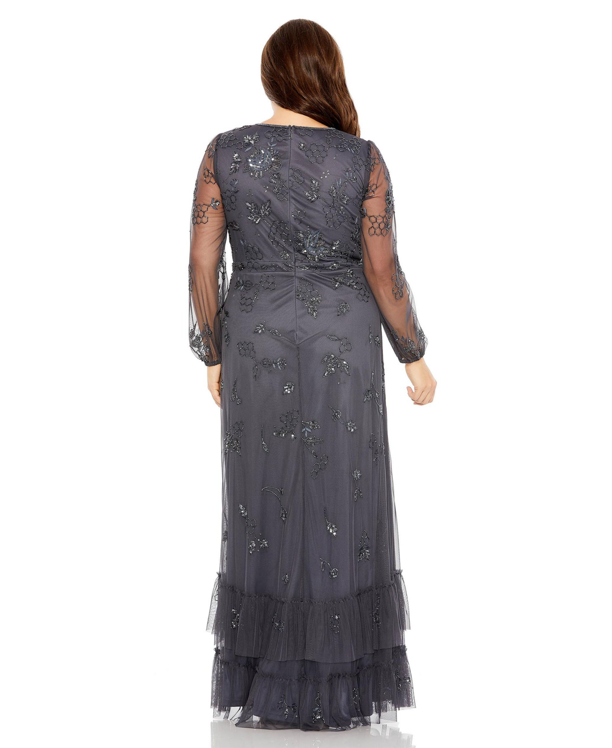 Plus Puff Sleeve V-Neck Tiered Embellished Gown — Image 3