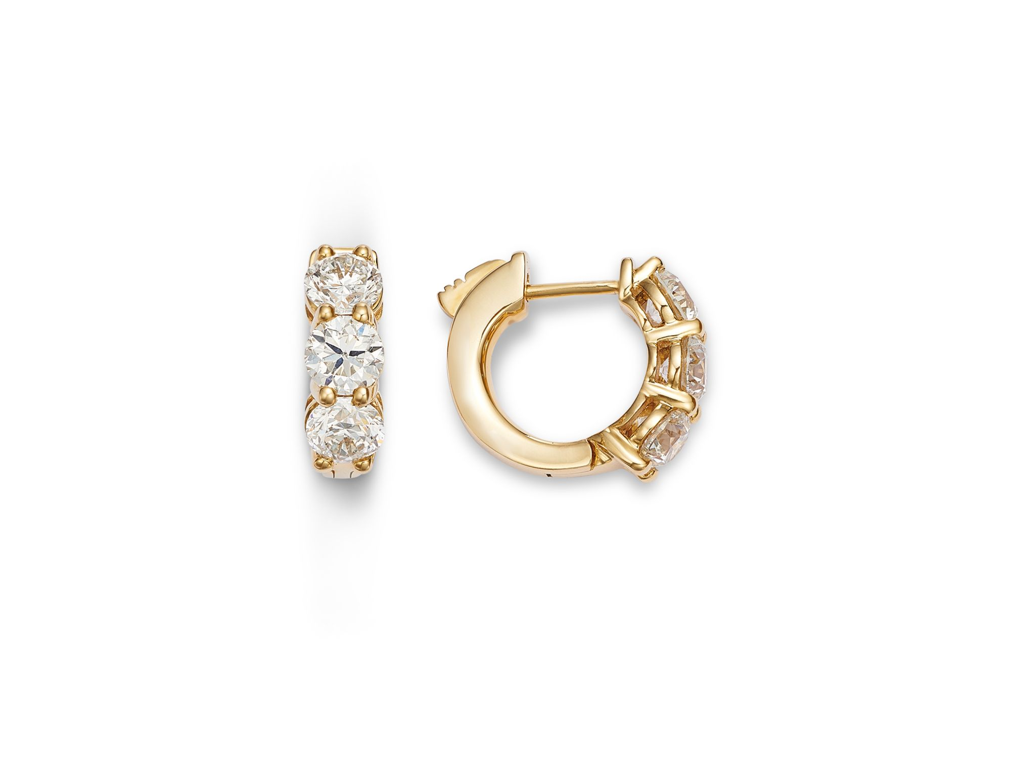 Diamond Three Stone Huggie Hoop Earrings in 14K Yellow Gold, 2.0 tcw — Image 3