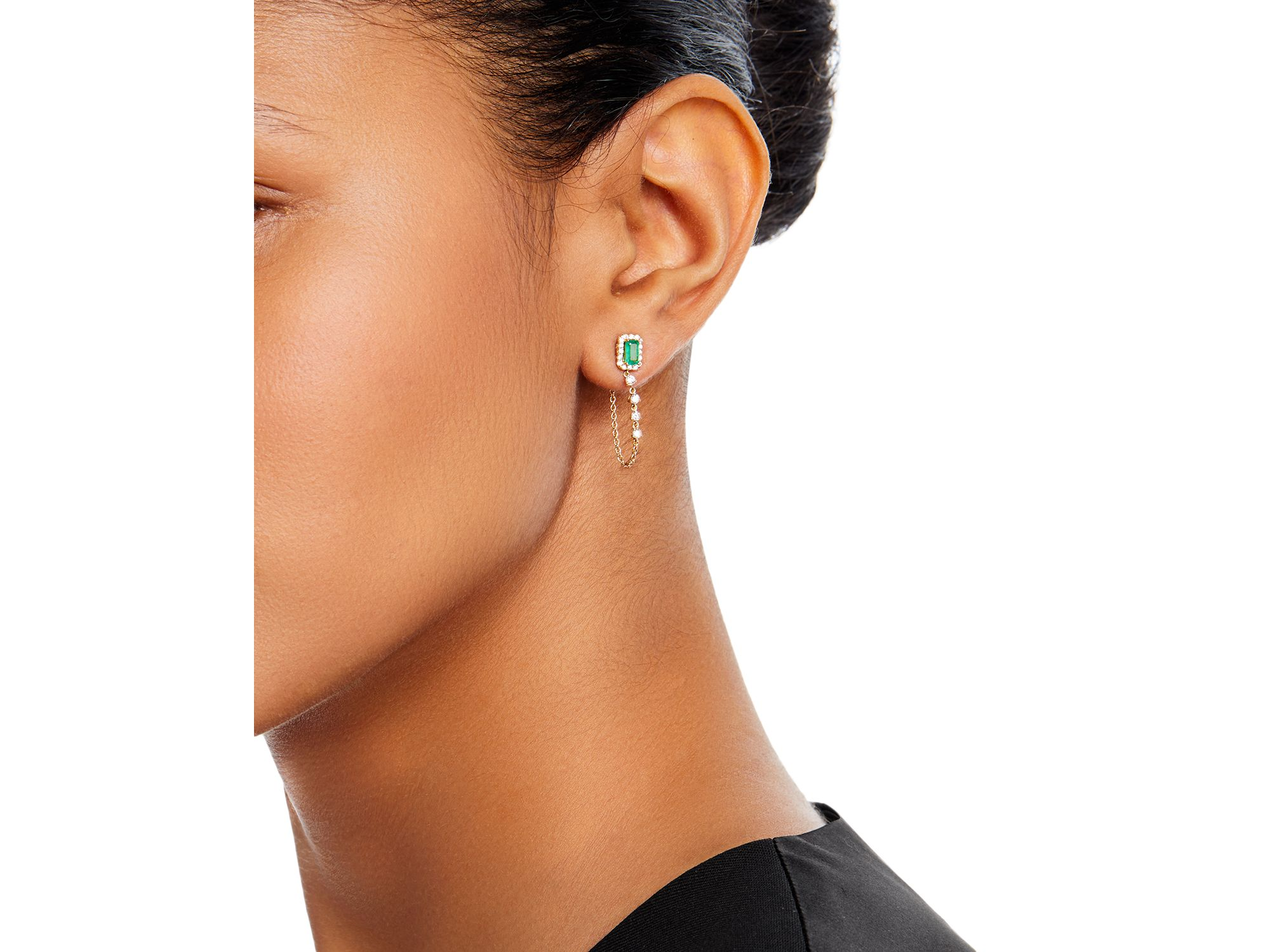 Emerald & Diamond Halo Chain Drop Earrings in 14K Yellow Gold — Image 3