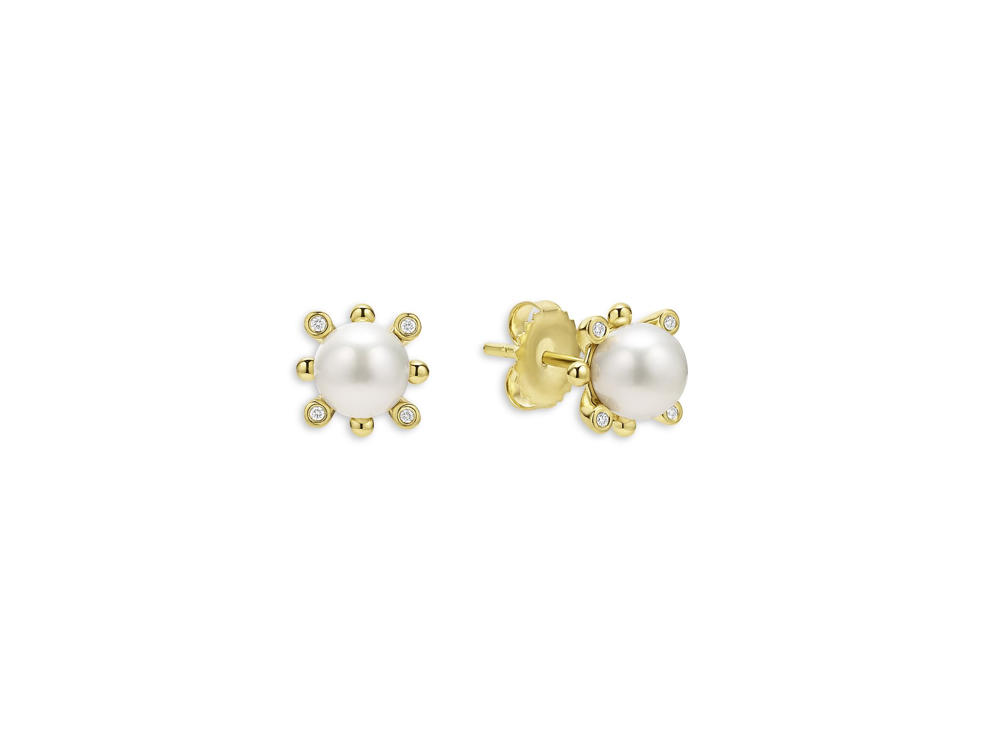 18K Yellow Gold Luna Cultured Pearl & Diamond Fleur Stud Earrings — Image 4