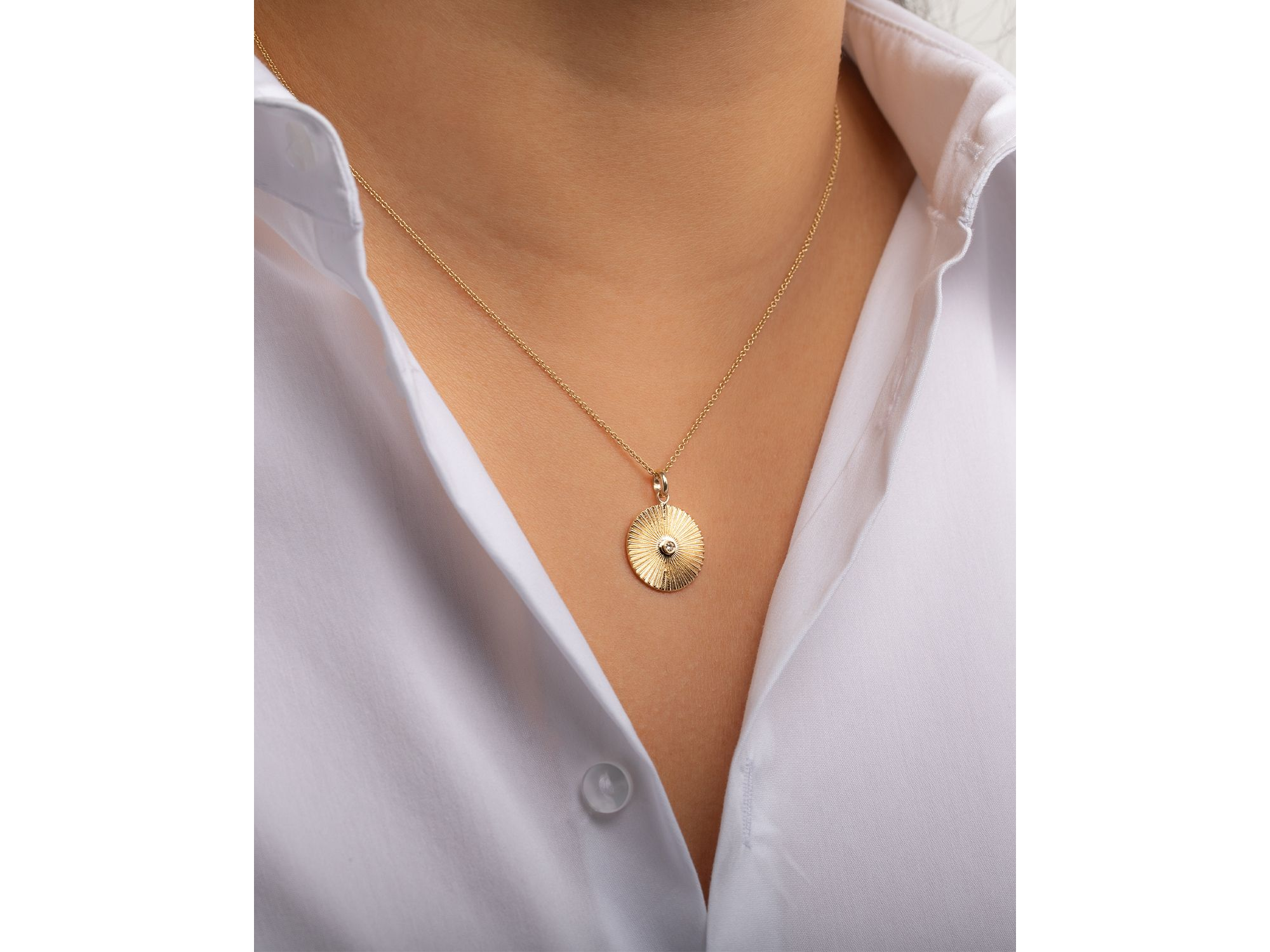 14K Yellow Gold Diamond Pleated Disc Pendant Necklace, 16-18" — Image 3