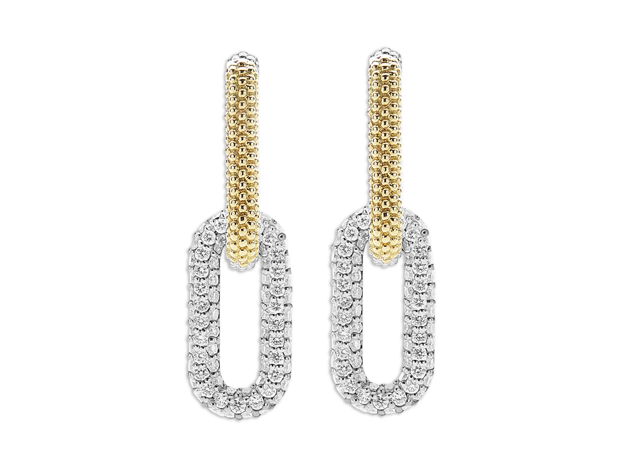 18K Yellow Gold & Silver Caviar Lux-Clip Diamond Link Drop Earrings - Exclusive — Image 4