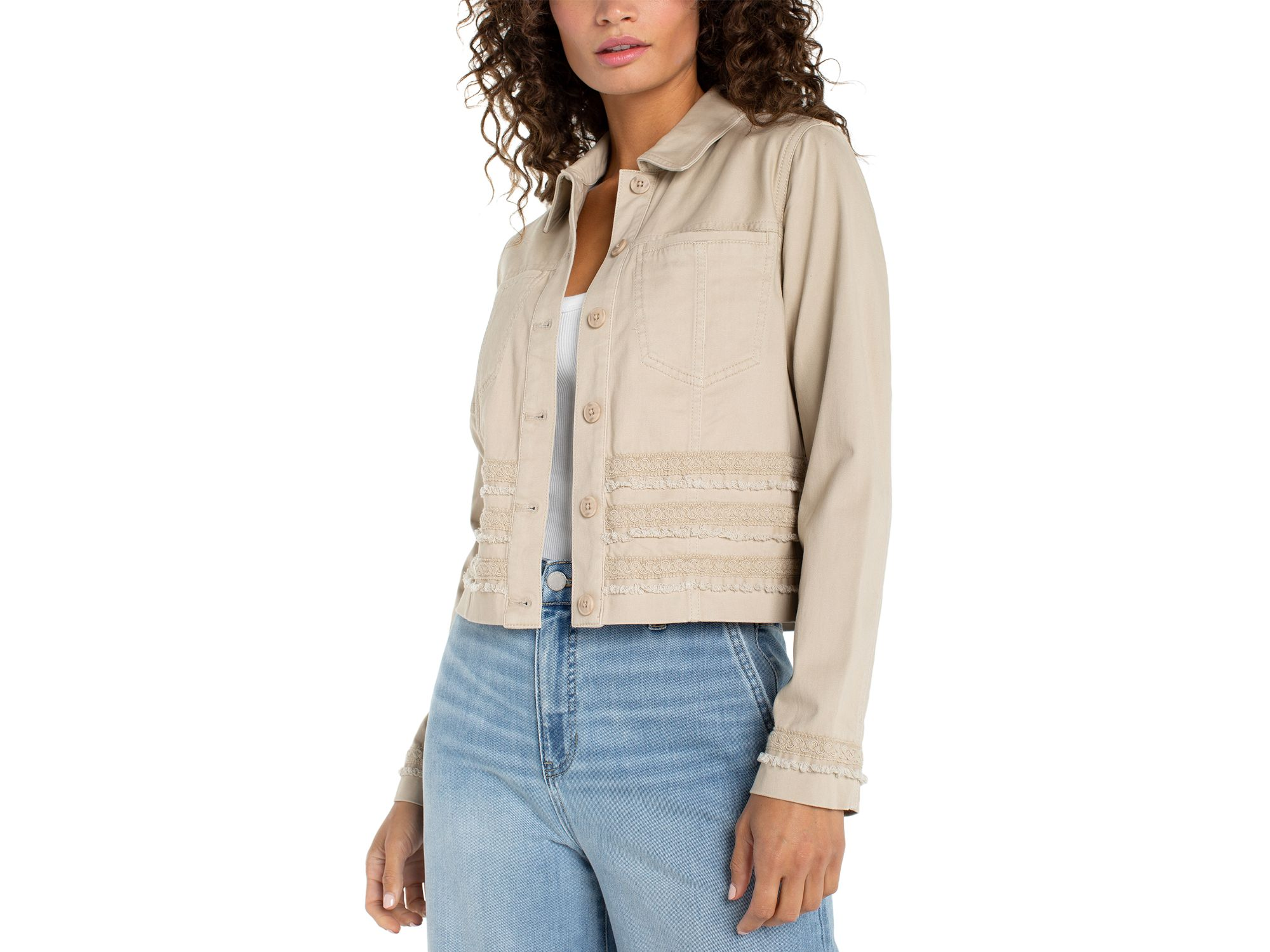 Denim Trucker Jacket with Fray and Lace in Safari Sand — Image 3