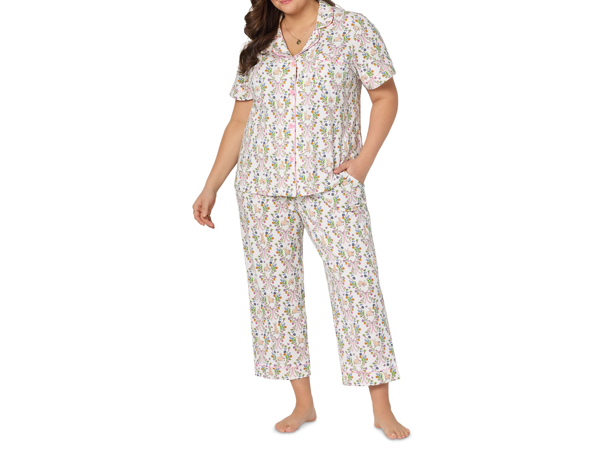 Pink Short Sleeve Classic Stretch Jersey Cropped Pajama Set in Bunny Blooms — Image 4