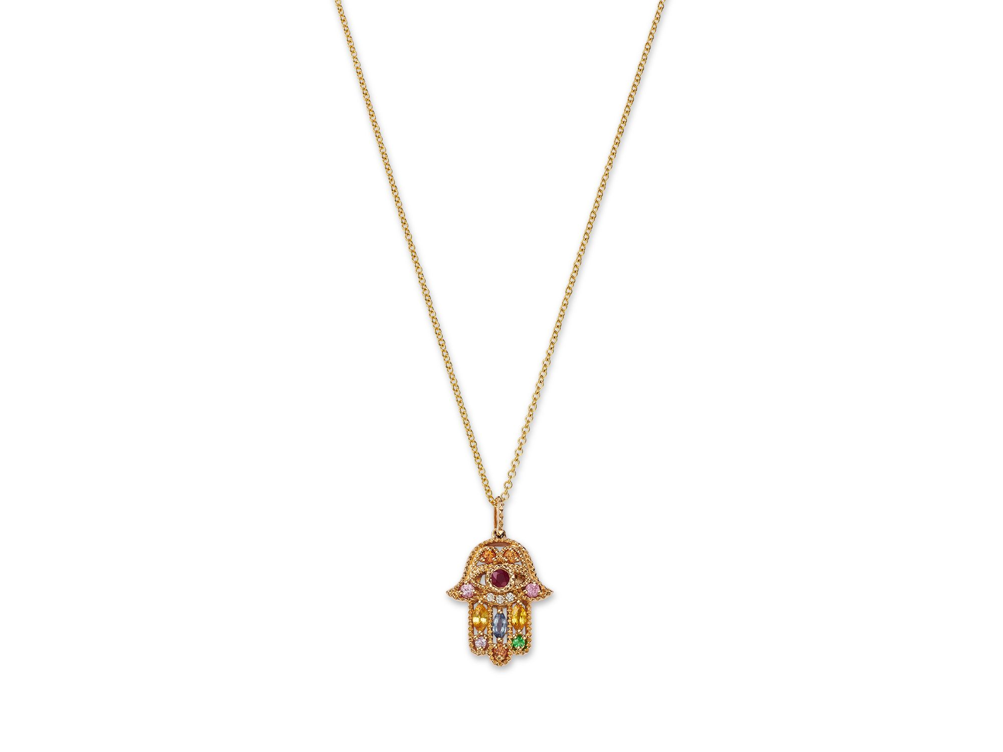 Rainbow Gemstone & Diamond Hamsa Pendant Necklace in 14K Yellow Gold, 18" — Image 4