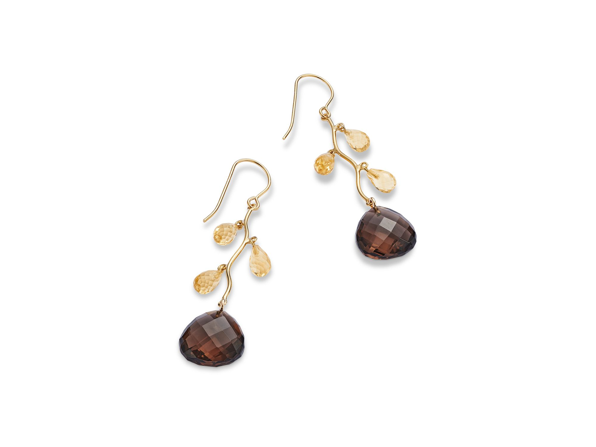 Citrine & Smokey Quartz  Vine Drop Earrings in 14K Yellow Gold — Image 4