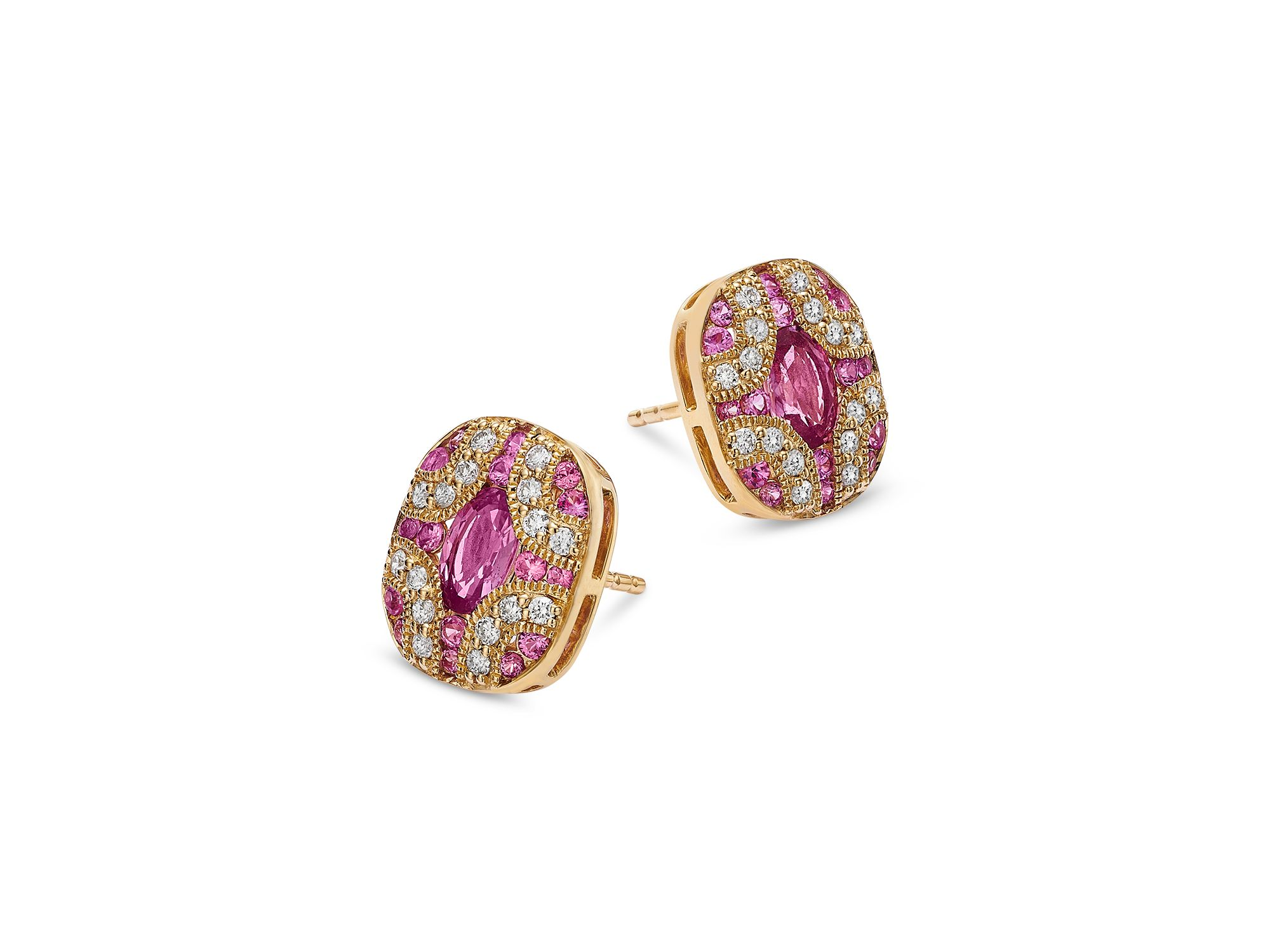 Pink Sapphire & Diamond Stud Earrings in 14K Yellow Gold — Image 3