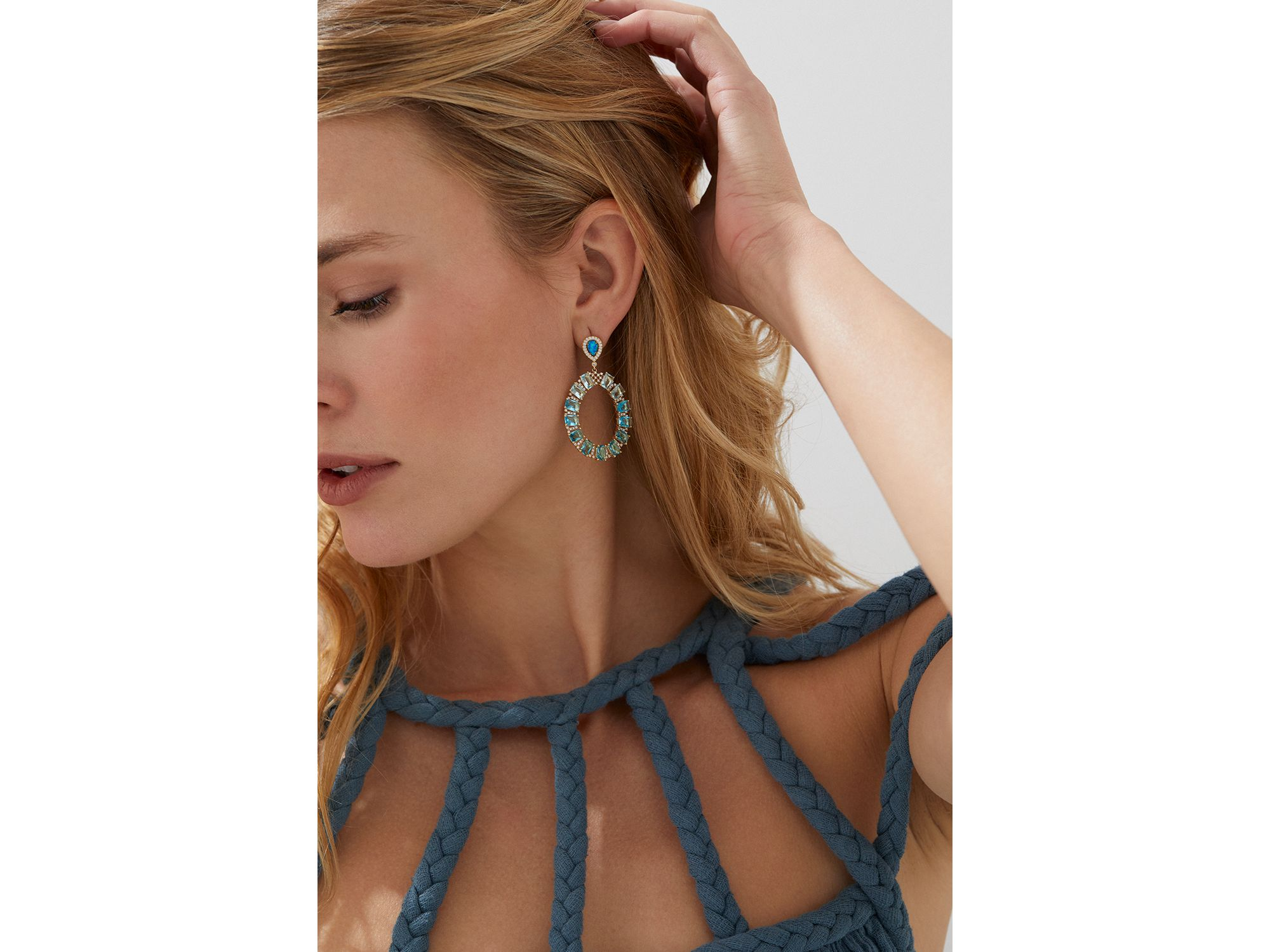 Blue Lagoon Mixed Stone Circle Drop Earrings in 18K Gold Plated — Image 3