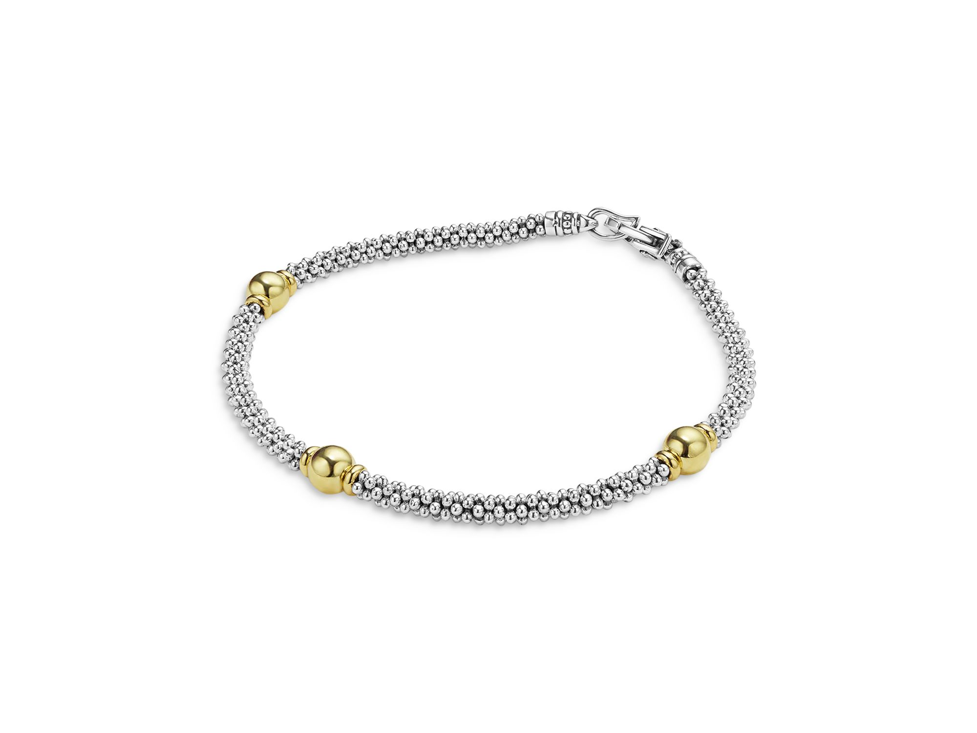 18K Yellow Gold & Sterling Silver Signature Caviar Bead Link Station Bracelet — Image 3