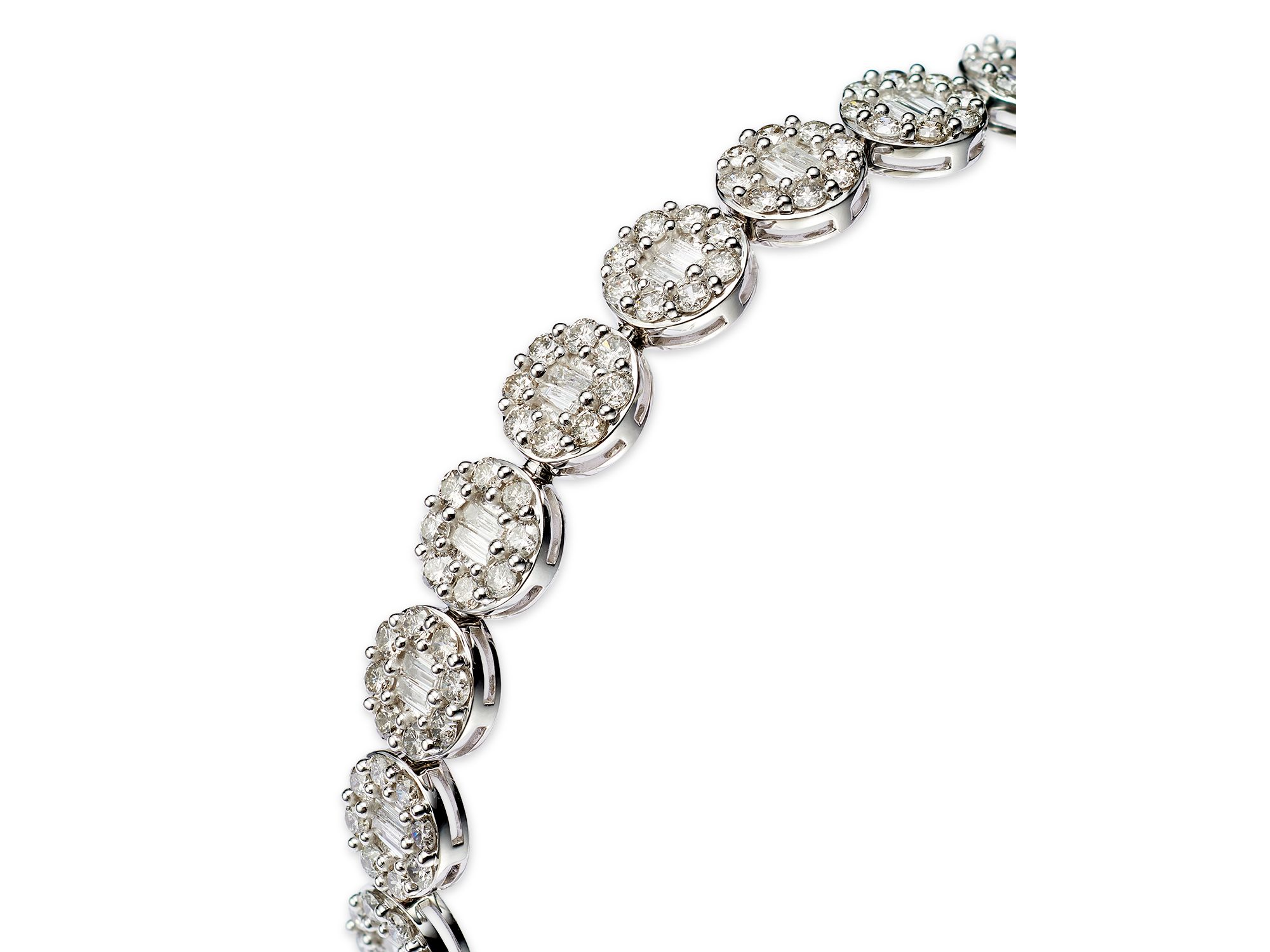 Diamond Round & Baguette Halo Link Bracelet in 14K White Gold, 5.0 tcw — Image 4