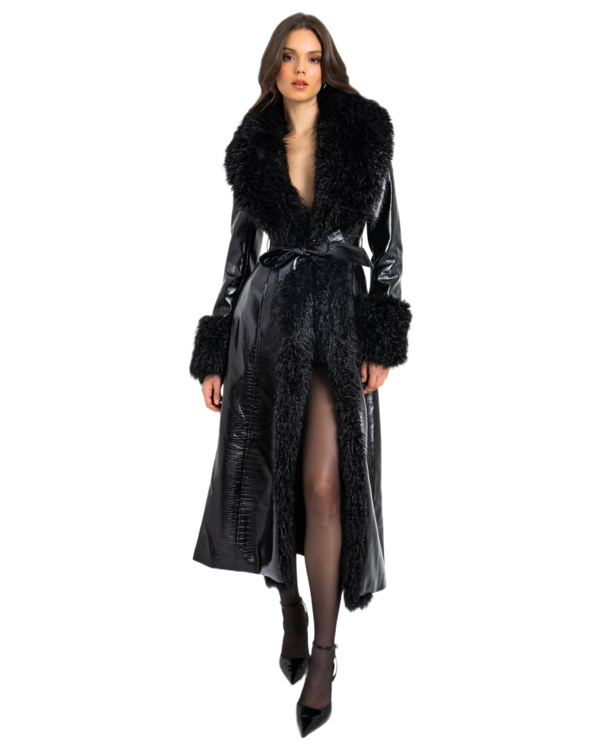 Zella Faux Fur Trim Faux Croc Leather Coat — Image 8