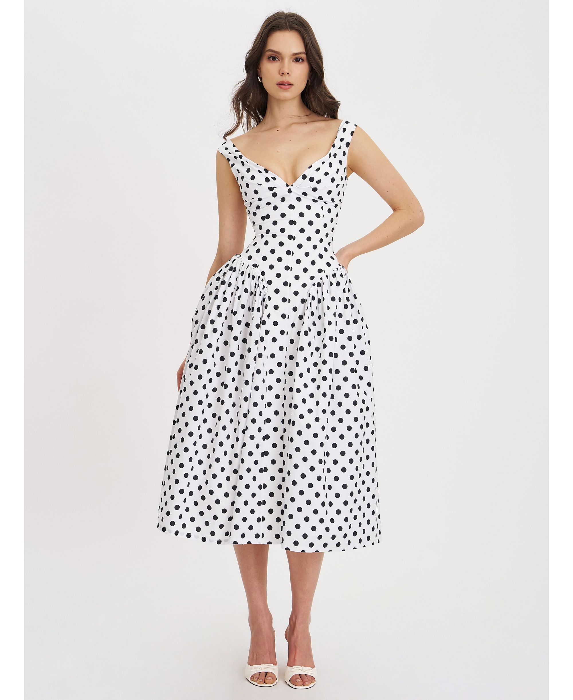 Rahma Polka Dot Drop Waist Midi Cotton Poplin Dress — Image 5