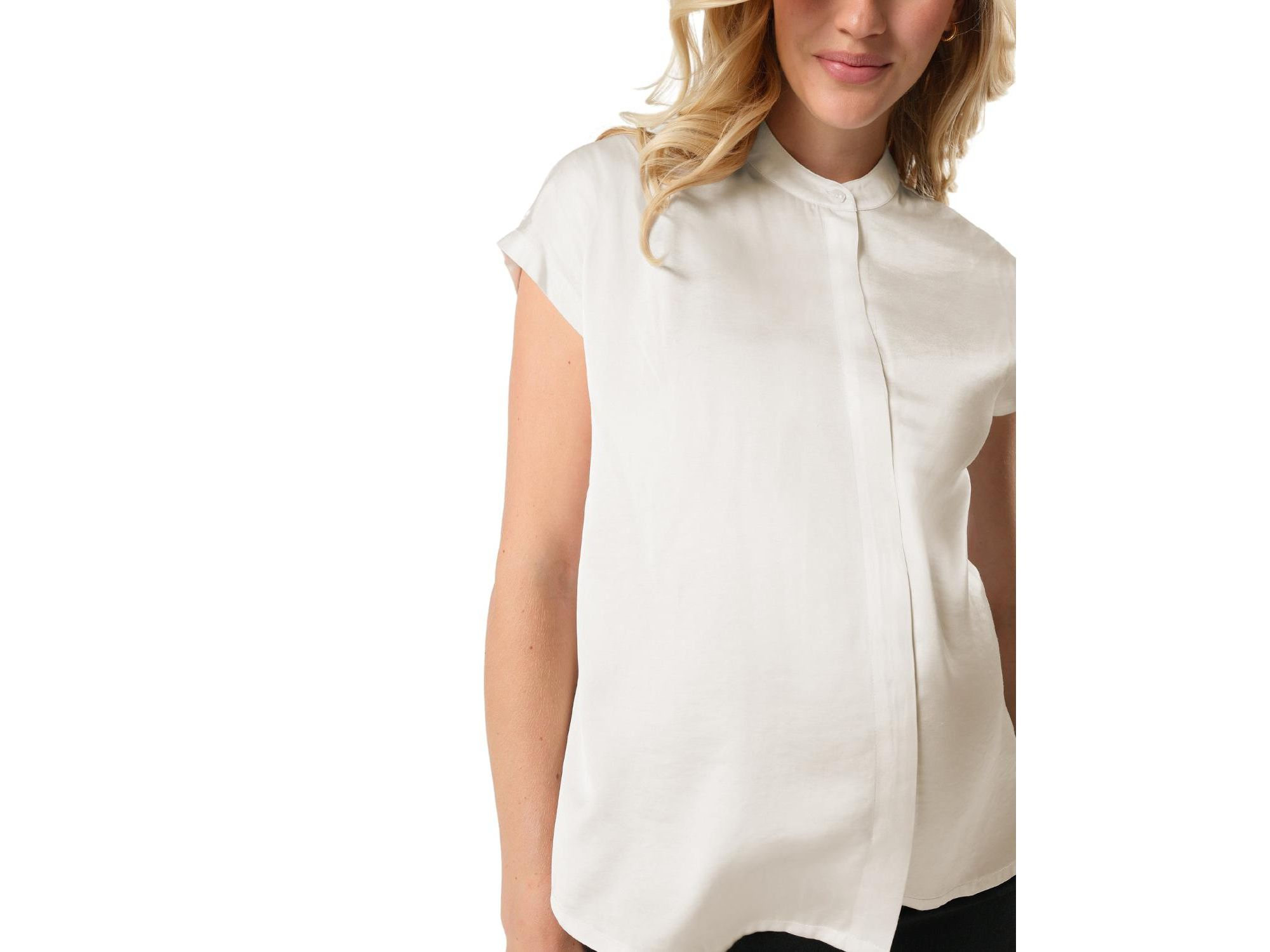 Women's Short Sleeve Satin Maternity Shell Top with Concealed Nursing Zip — Image 5