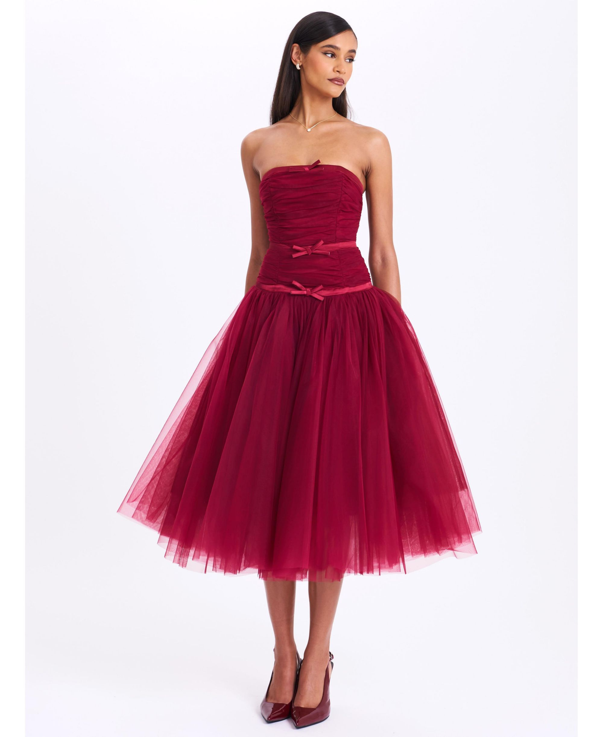 Mabel Drop Waist Layered Mesh Midi Puffy Dress with Bow — Image 4