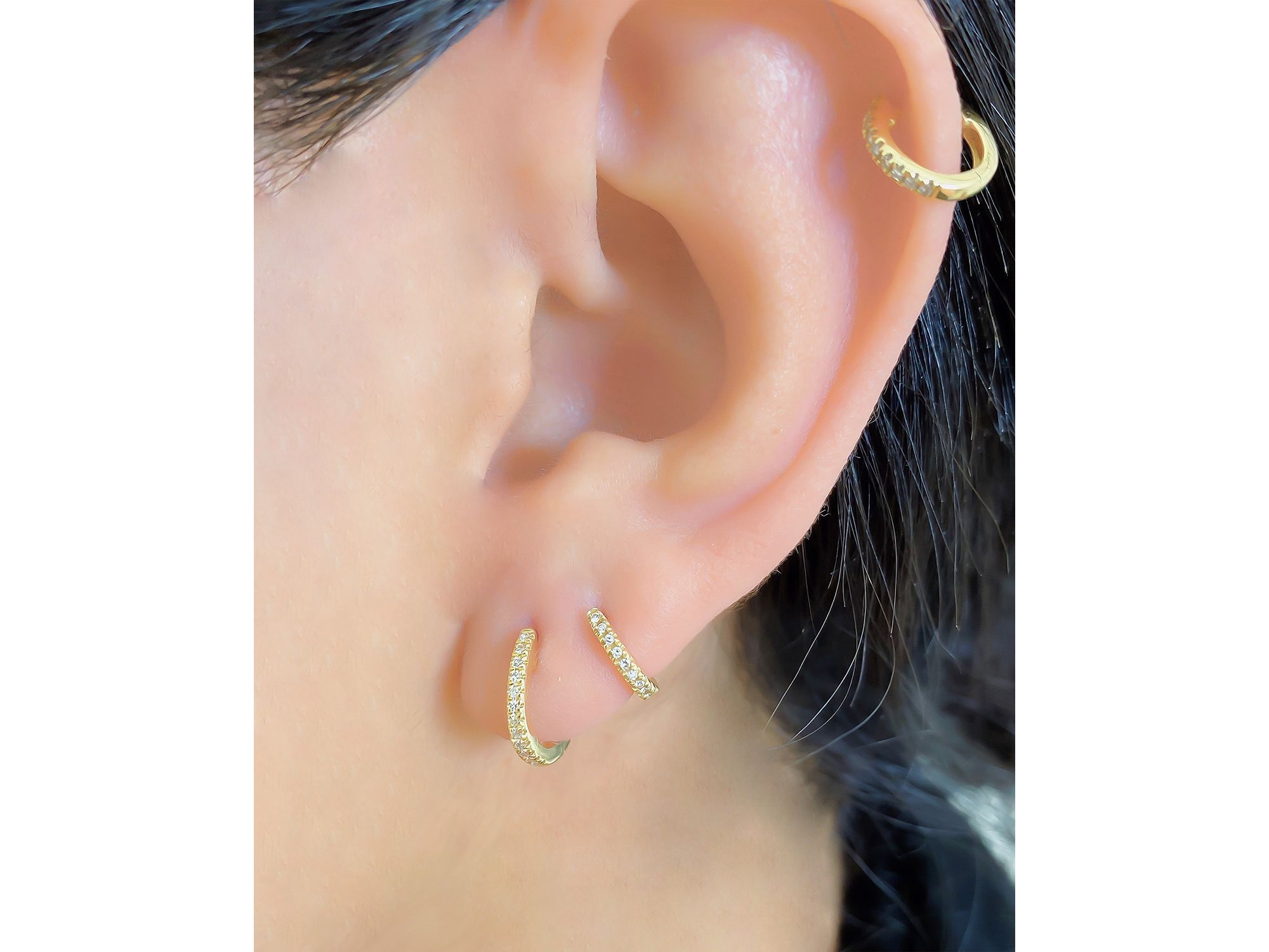 14K Yellow Gold Diamond Small Huggie Hoop Earrings - Exclusive — Image 3