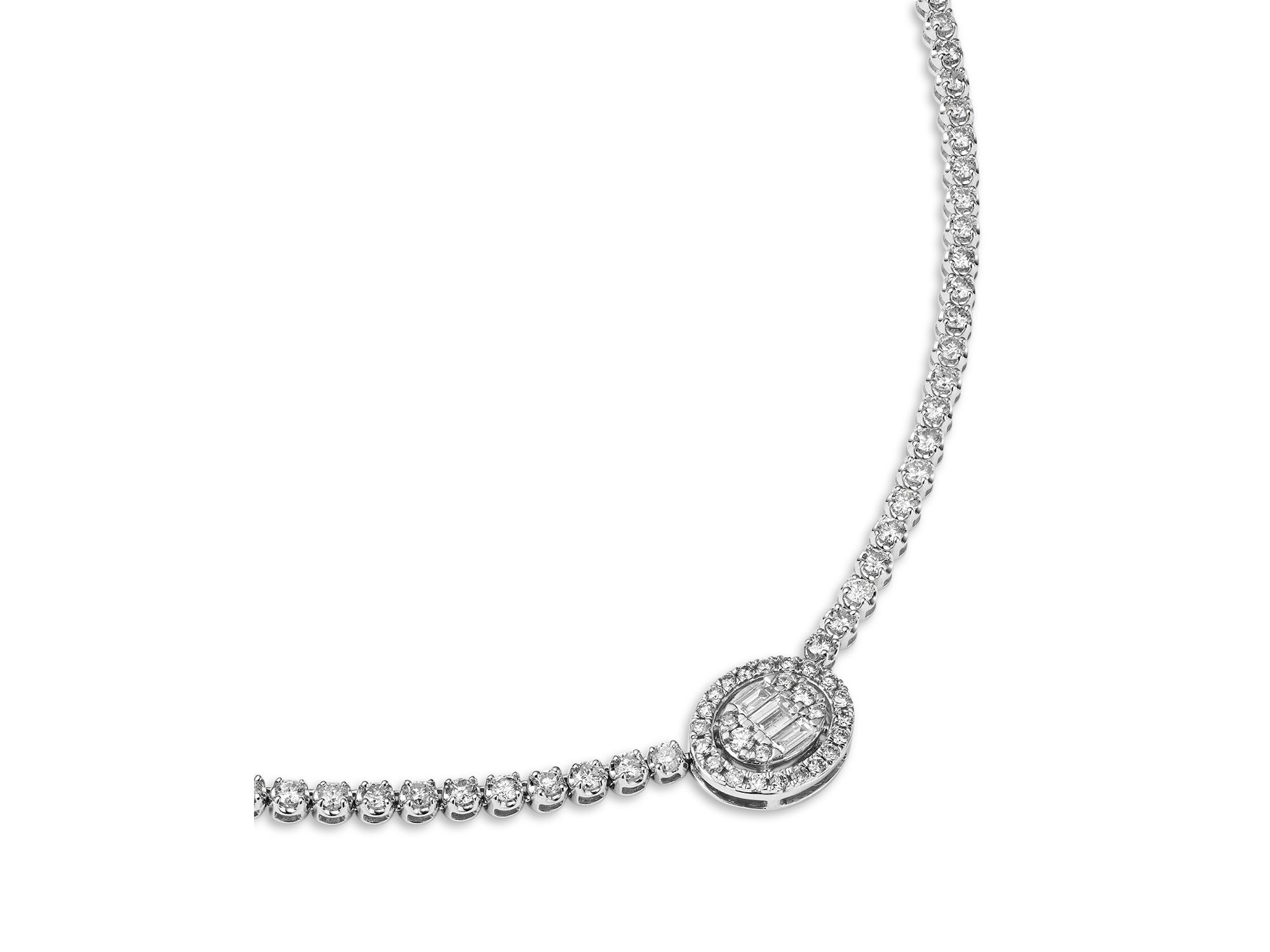 Diamond Round & Baguette Halo Tennis Necklace in 14K White Gold, 4.50 tcw — Image 4