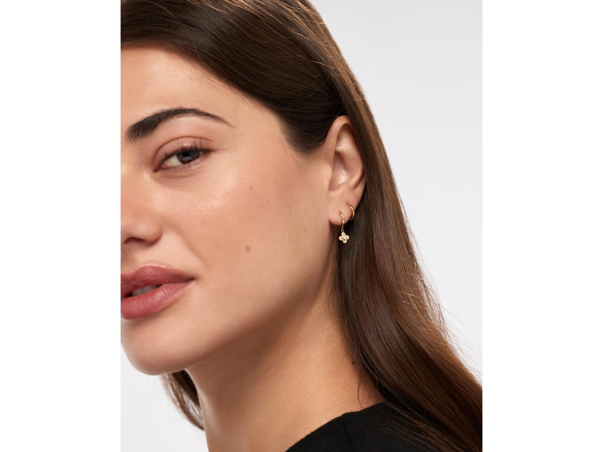 Solid Yellow Gold Mini Flower Drop Earrings — Image 3