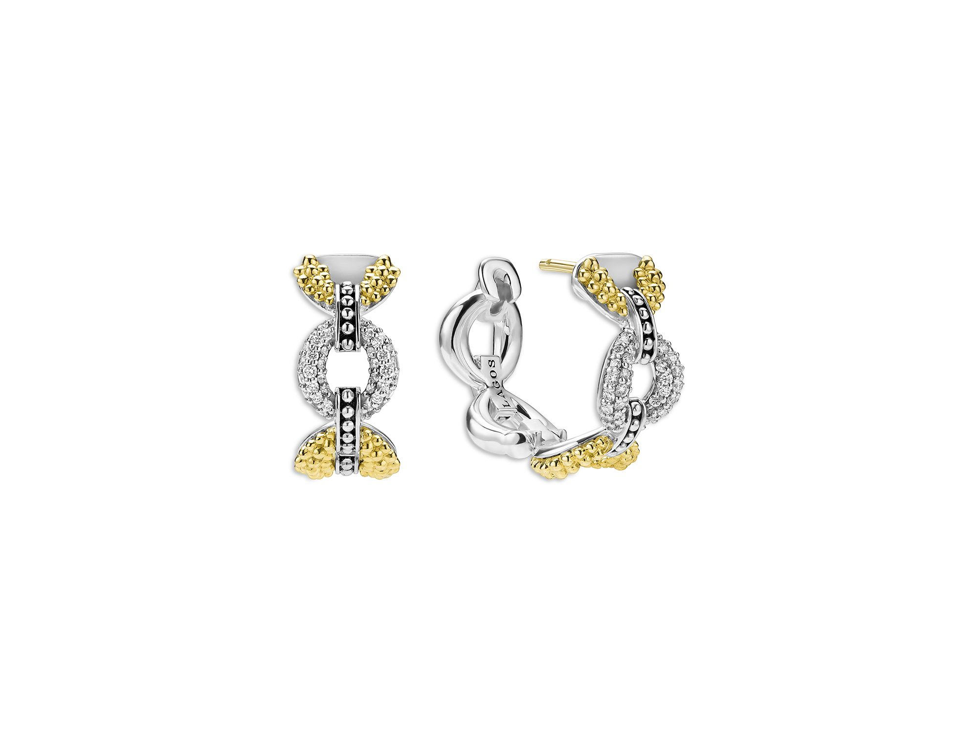 18K Yellow Gold & Sterling Caviar Lux Diamond Link Hoop Earrings — Image 4
