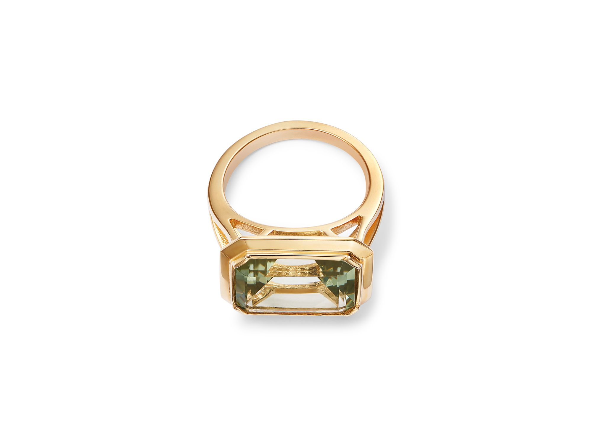 Prasiolite Emerald Cut Statement Ring in 14K Yellow Gold — Image 3