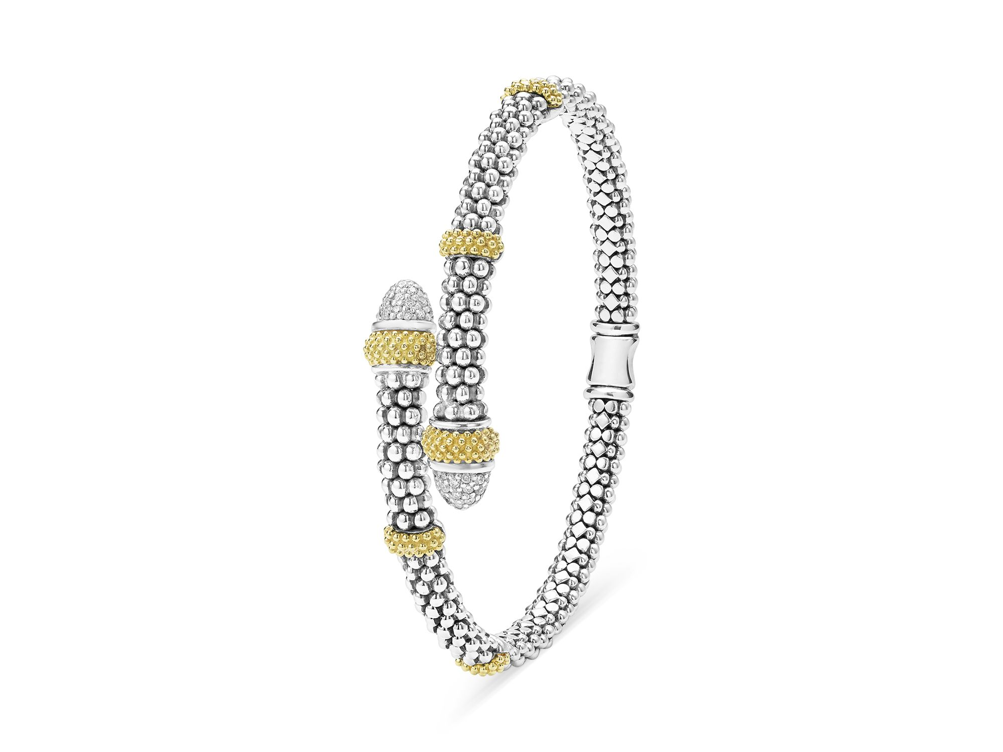 18K Yellow Gold & Sterling Caviar Lux Diamond Bypass Bangle Bracelet — Image 3