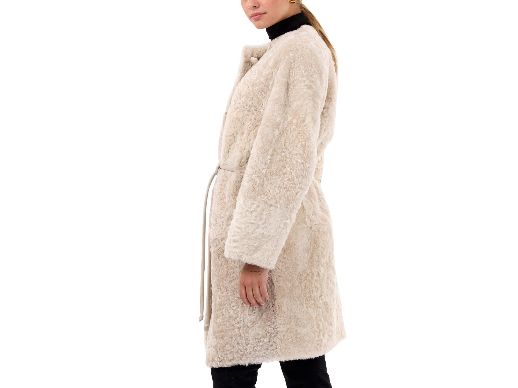 Reversible Collarless Shearling Coat — Image 6