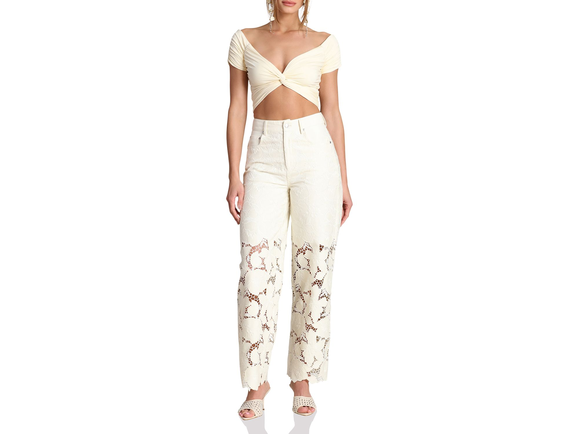 Guipure Lace Wide Leg Jeans in Off White — Image 5
