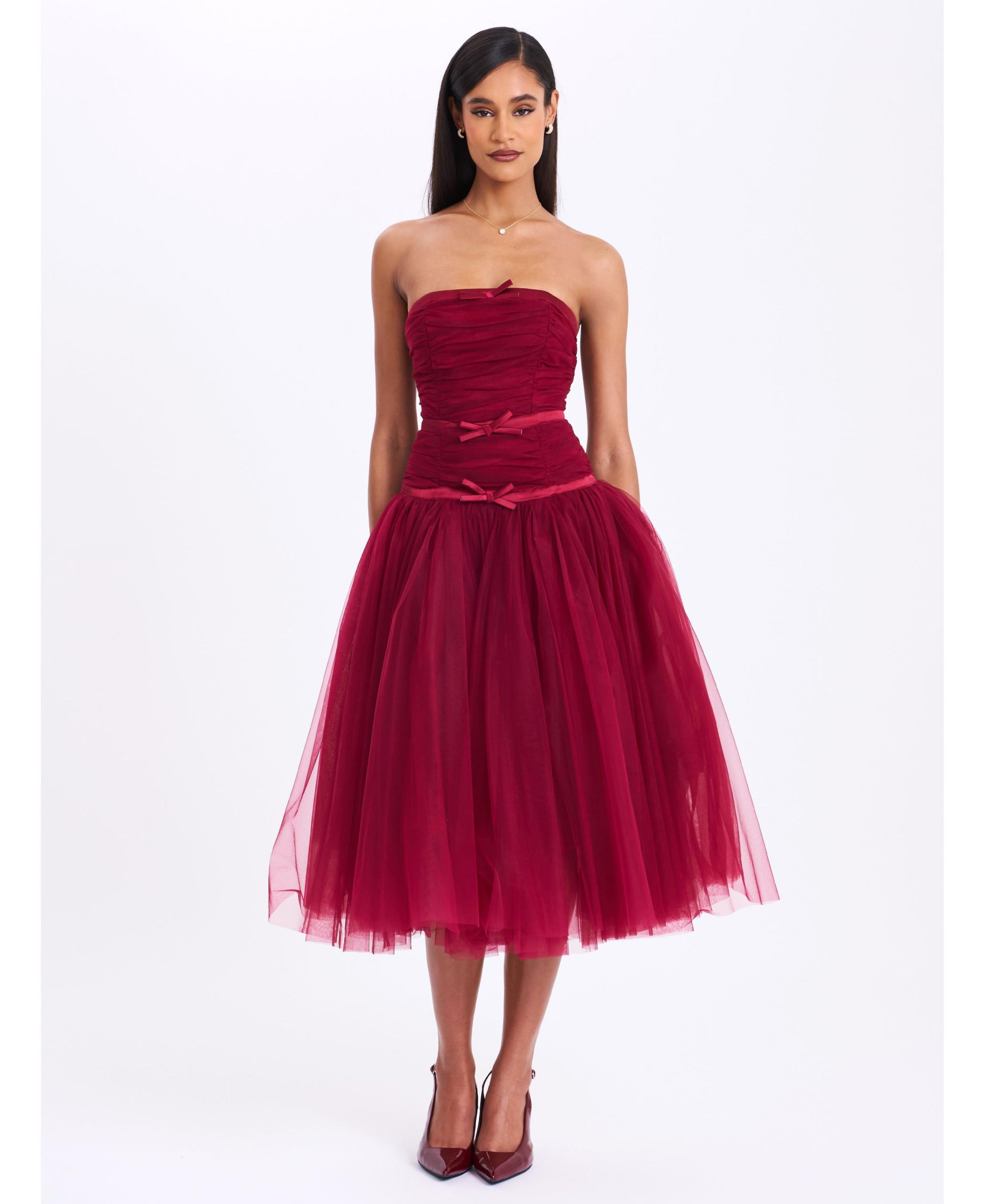 Mabel Drop Waist Layered Mesh Midi Puffy Dress with Bow — Image 6
