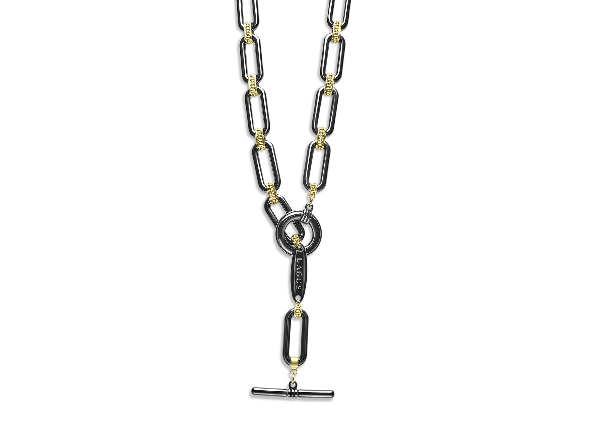 18K Yellow Gold Signature Caviar Black Ceramic Link Necklace, 18" — Image 4